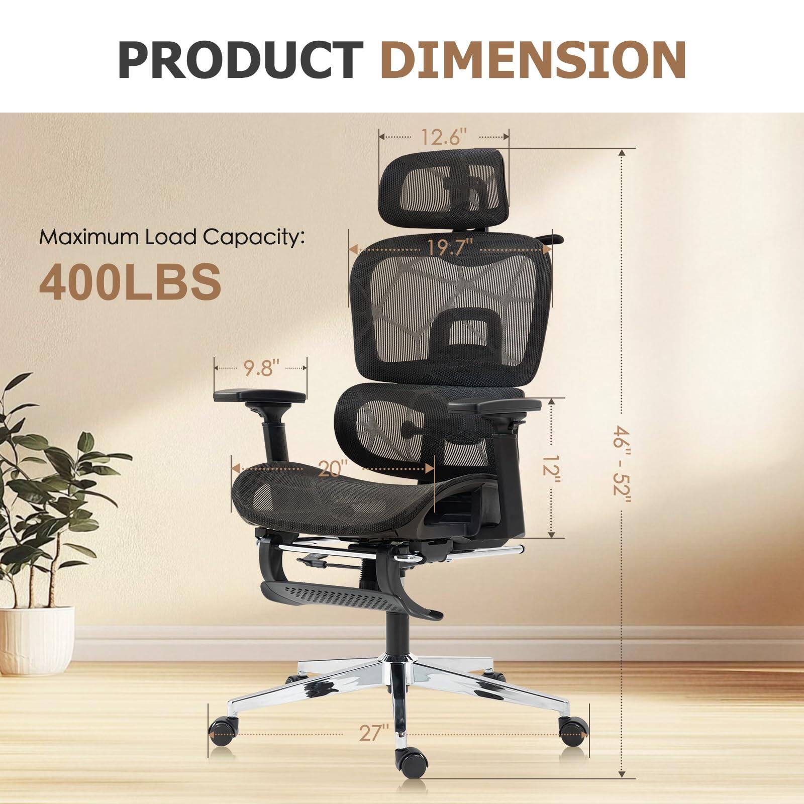 PRODUCT DIMENSION

Maximum Load Capacity: 400LBS

- Width: 19.7"
- Depth: 20"
- Height: 46" - 52"
- Seat Height: 12"
- Seat Depth: 9.8"
- Overall Height: 27"
- Overall Width: 46" - 52"