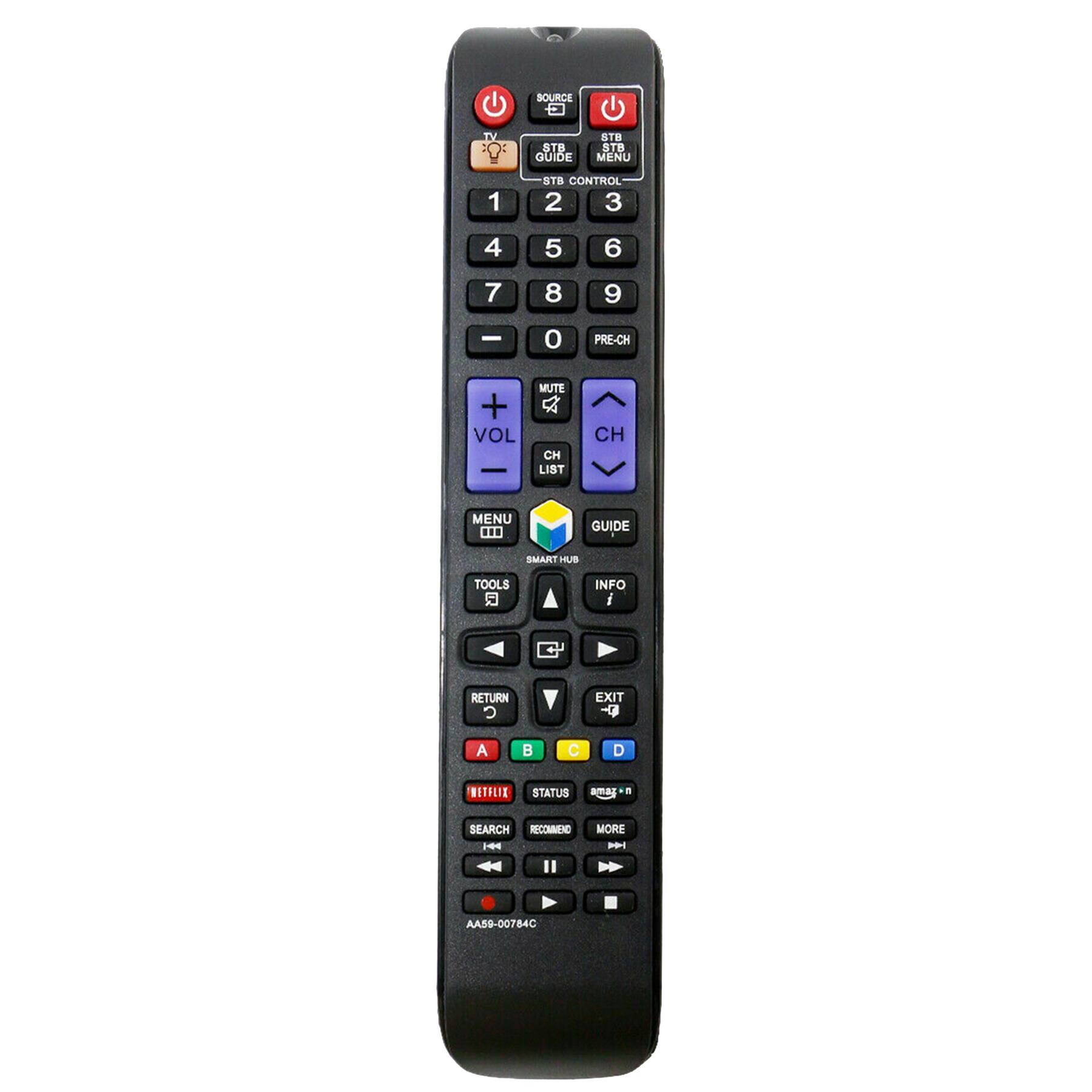 SOURCE  
TV STB GUIDE  
STB MENU  
STB CONTROL  
1 2 3 4 5 6 7 8 9 0 PRE-CH  
VOL MUTE CH LIST CH MENU ... GUIDE SMART HUB TOOLS INFO RETURN EXIT  
A B C D WITELIE STATUS amas . SEARCH RECOMMEND MORE  
AA59-00784C