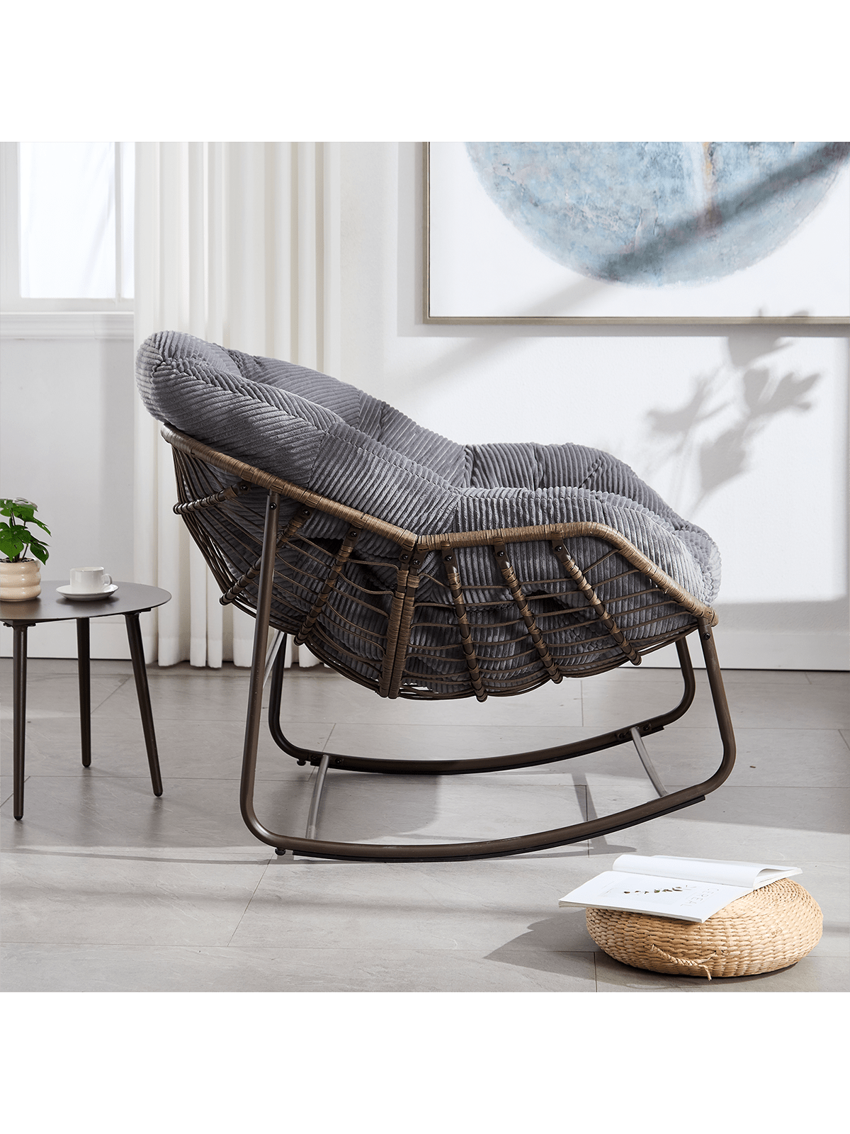 Back. Trinkets Crazed - Outdoor Indoor Rocking Chair Set Of 2, Oversized Patio Papasan Rocking Egg Chair With Padded Cushion - Gray.