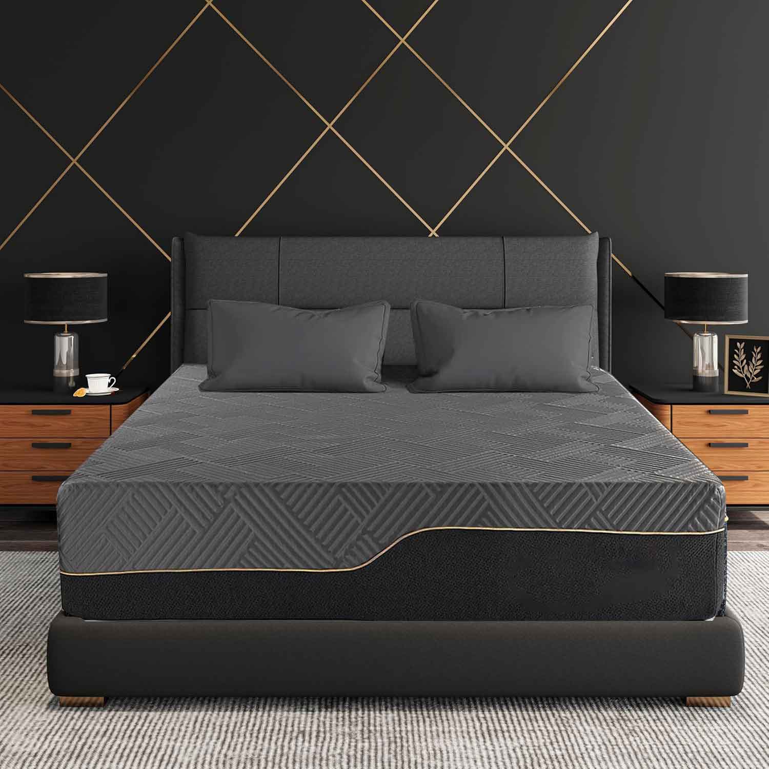 Dyonery - Extra Firm Memory Foam Mattress-King Size 14 Inch Cooling Green Tea Gel Foam, Removable Fiberglass-Free Cover - Gray