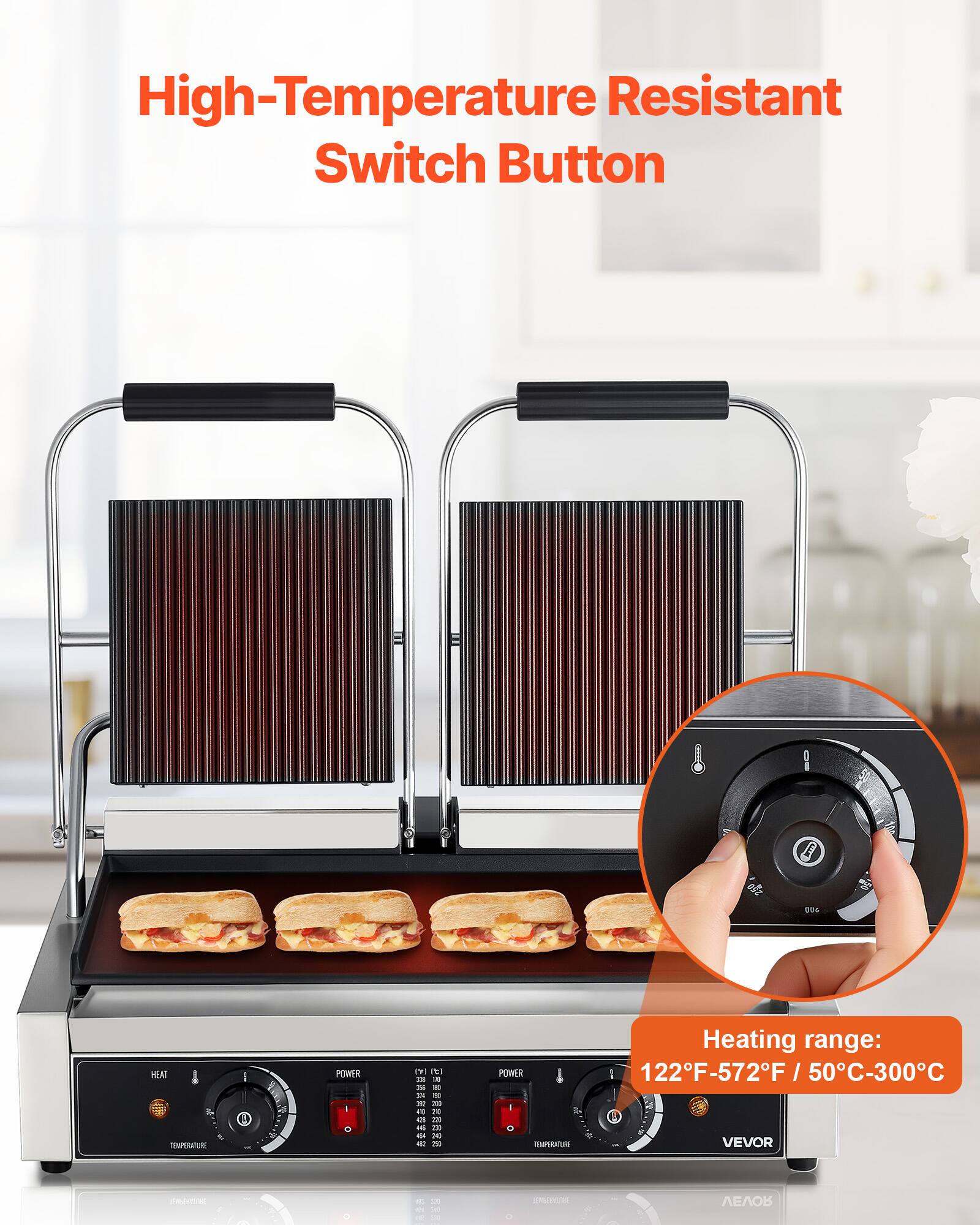 High-Temperature Resistant Switch Button

HEAT V TEMPERATURE
POWER O

(9) ml DE = 24 = 14 x 32 IX 40 70 a 220 +d 220 ups IN 40 250
POWER I EMPLATIQUE

Heating range: 122°F-572°F / 50°C-300°C

40 20 not 143

SAUTARY
ROWEV