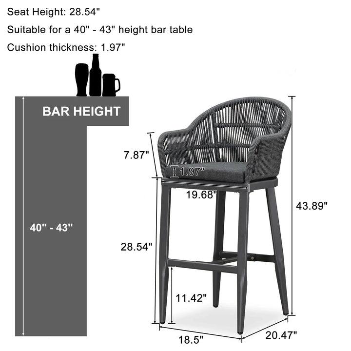 Sure, here is the corrected and grouped text from the image:

---

**Seat Height:** 28.54"

**Suitable for a 40" - 43" height bar table**

**Cushion thickness:** 1.97"

---

**BAR HEIGHT**

- 40" - 43"

- 28.54"

- 7.87"

- 1.97"

- 19.68"

- 43.89"

- 11.42"

- 18.5"

- 20.47"

---