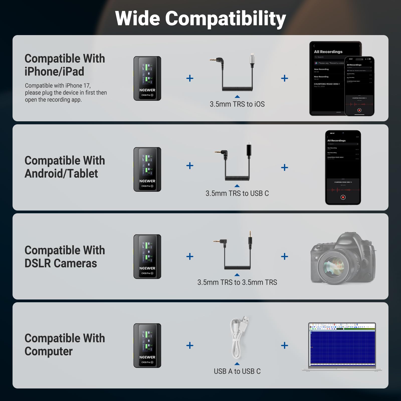 Wide Compatibility

Compatible With iPhone/iPad  
Compatible with iPhone 17, please plug the device in first then open the recording app.  
NEEWER c + 3.5mm TRS to iOS

Compatible With Android/Tablet  
NEEWER + 3.5mm TRS to USB C

Compatible With DSLR Cameras  
NEEWER + 3.5mm TRS to 3.5mm TRS

Compatible With Computer  
NEEWER + USB A to USB C