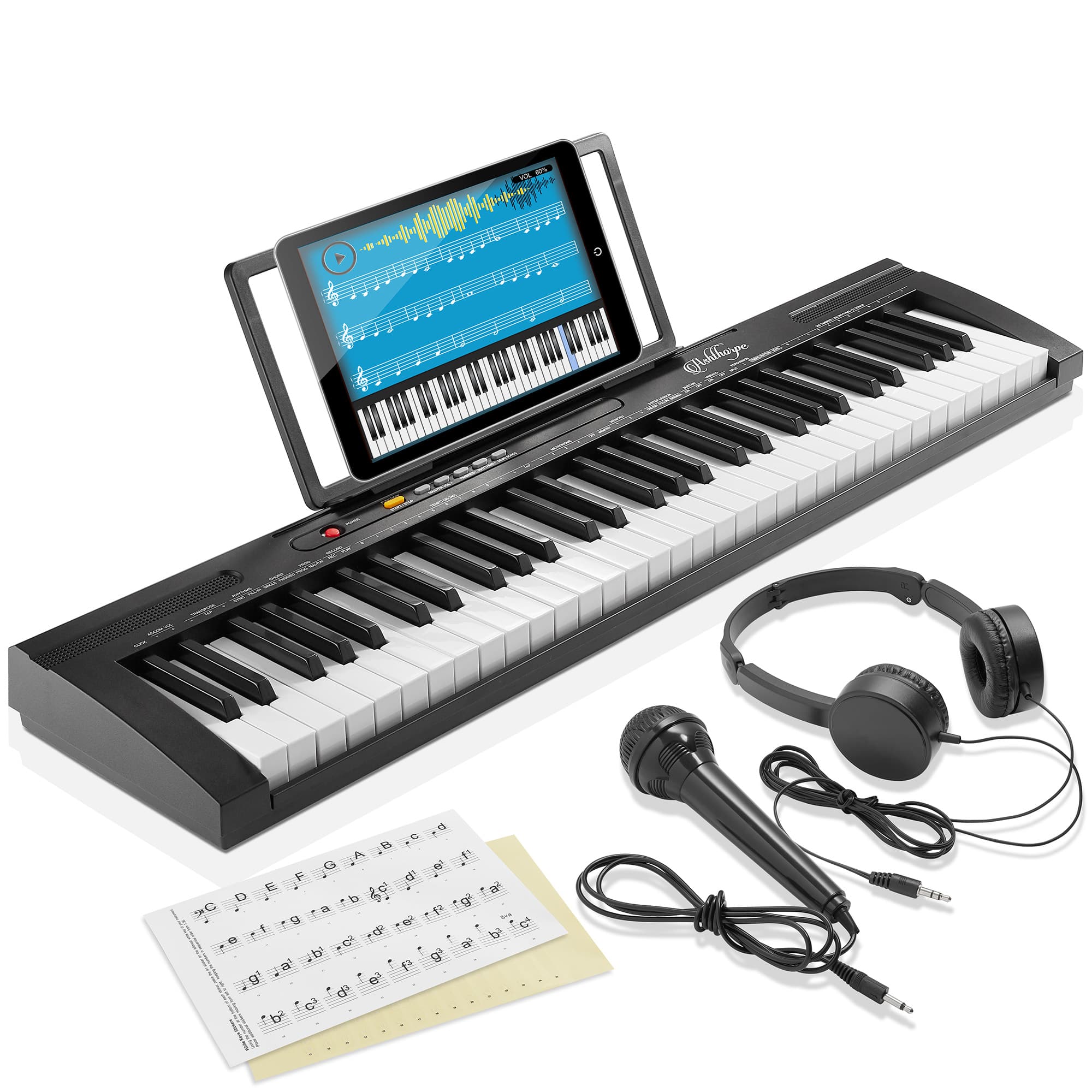 Ashthorpe - 61-Key Electronic Keyboard Piano - Beginner Kit with Phones and Mic - Black