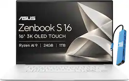ASUS - Upgraded - Zenbook S 16 16" 3K OLED Touch-Screen Laptop - AMD Ryzen AI 9 365 - 24GB Memory - 1TB SSD - Win11Pro - Copilot+ PC - Scandinavian White