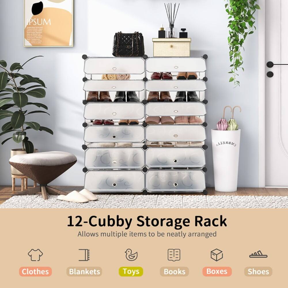 12-Cubby Storage Rack  
Allows multiple items to be neatly arranged  
Clothes, Blankets, Toys, Books, Boxes, Shoes