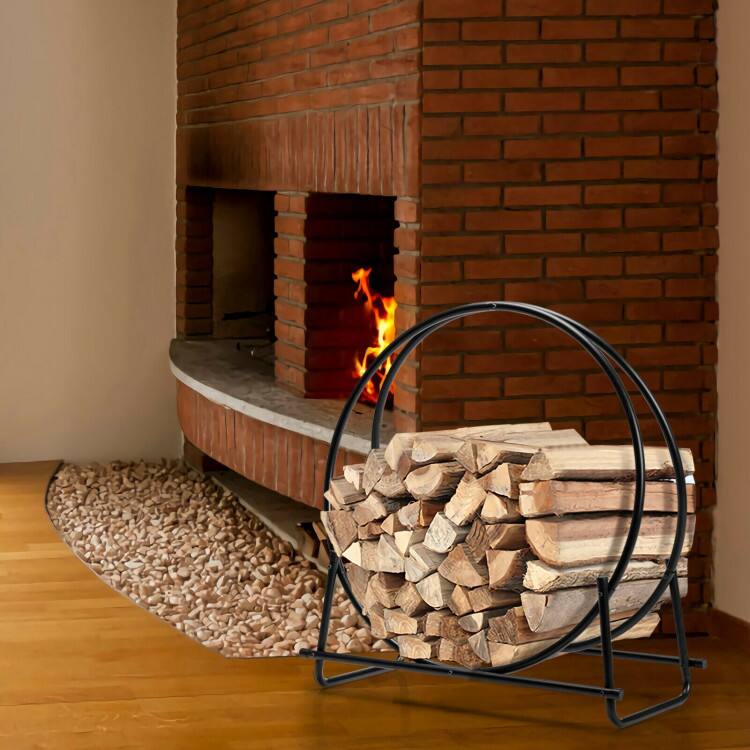 Back. Mondawe - 30 Inch Tubular Steel Log Hoop Firewood Storage Rack - Black.