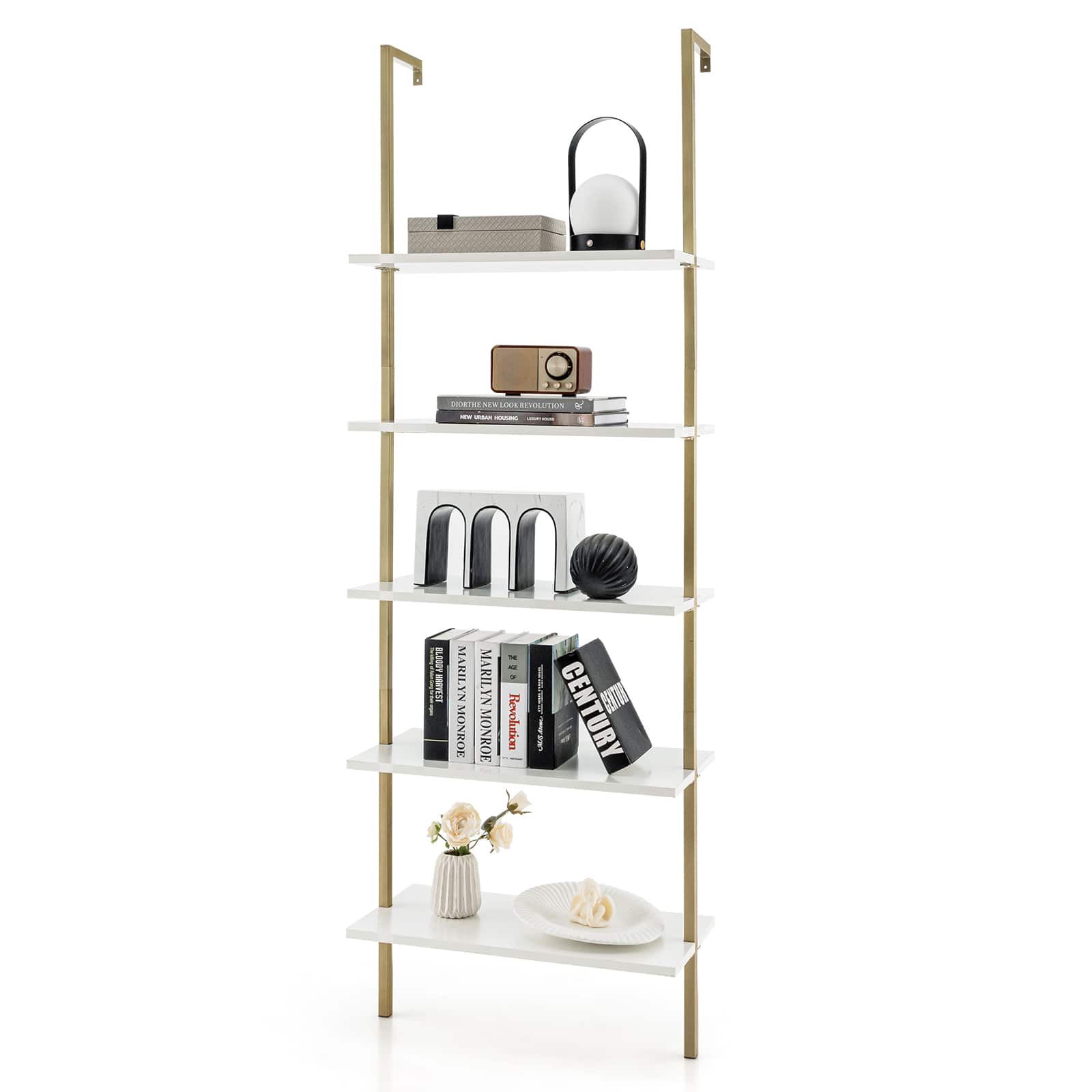 Costway - 5 Tier Ladder Shelf 71" Height Wall-Mounted Bookshelf Display Storage Organizer - White + Gold
