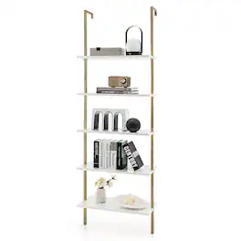Costway - 5 Tier Ladder Shelf 71" Height Wall-Mounted Bookshelf Display Storage Organizer - White + Gold