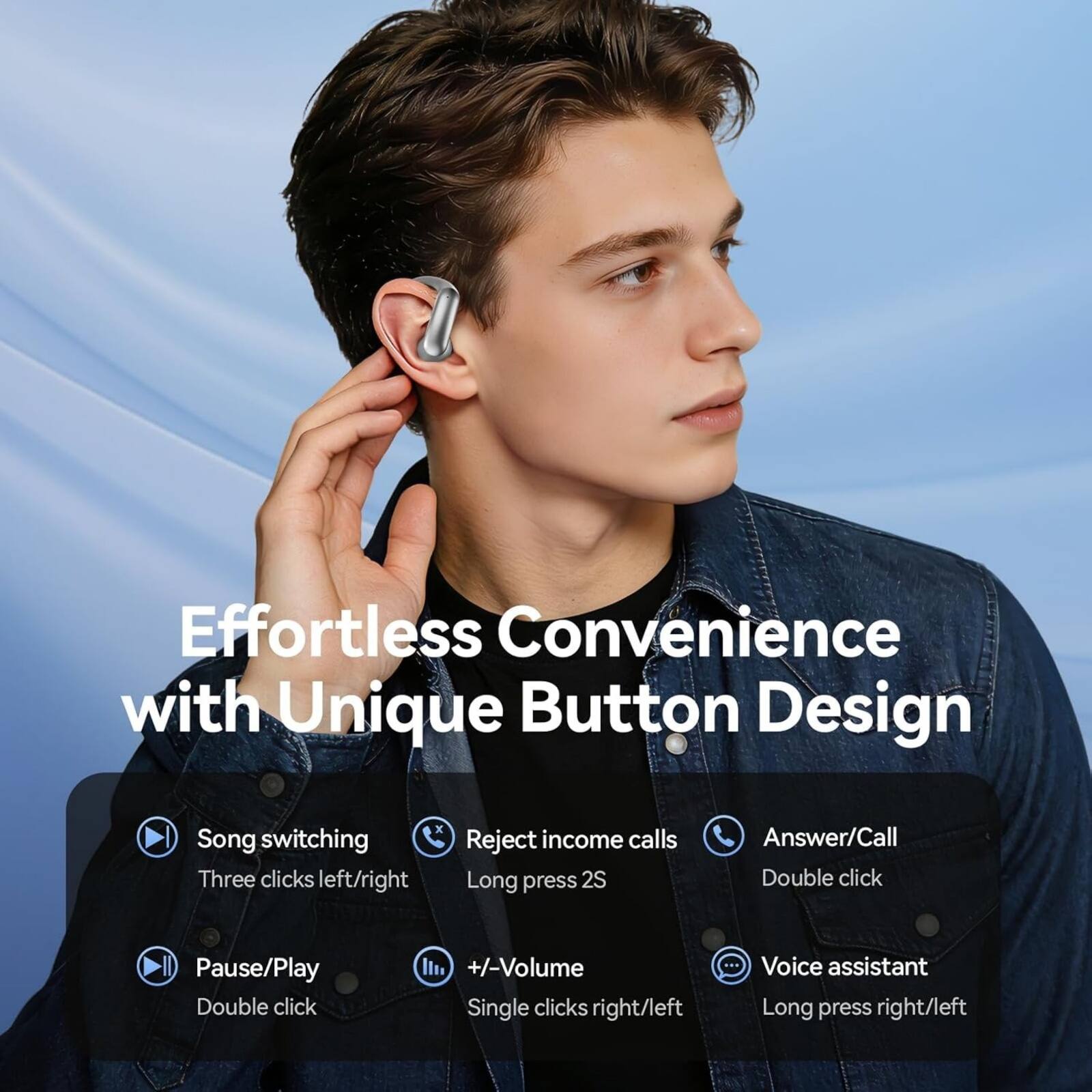 Effortless Convenience with Unique Button Design

- Song switching: Three clicks left/right
- Reject income calls: Long press 2S
- Answer/Call: Double click
- Pause/Play: Double click
- +/- Volume: Single clicks right/left
- Voice assistant: Long press right/left