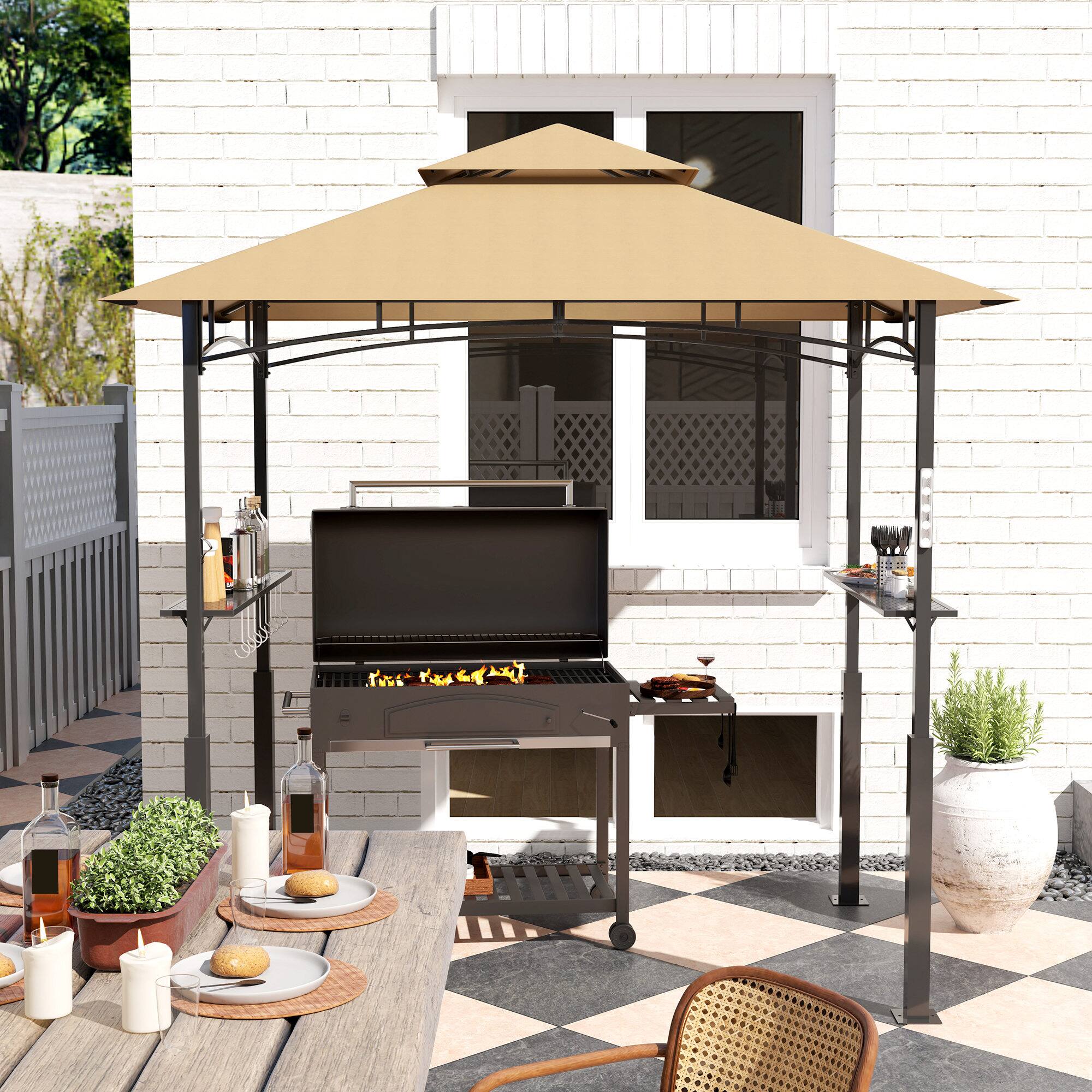Alt View 7. Outsunny - 8' x 5' Grill Gazebo, Double Tiered Outdoor BBQ Gazebo with LED Light, 2 Side Shelves, Hooks and Bottle Opener - Brown.