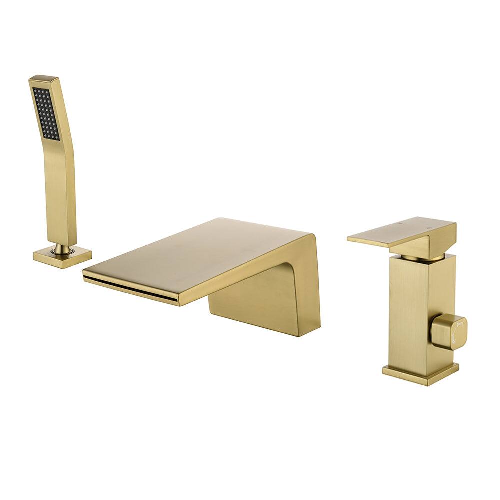 Alt View 1. Boyel Living - Brushed Gold Bathtub Waterfall Faucet with Hand Shower and Separate Hot/Cold Handles - Brushed Gold.