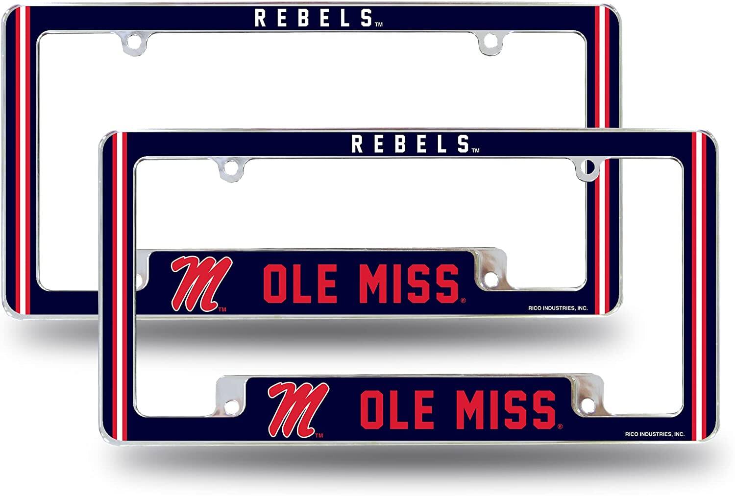 Rico Industries - Mississippi Ole Miss NCAA Rebels (Set of 2) Chrome Metal License Plate Frames with Bold Full Frame Design - Multi