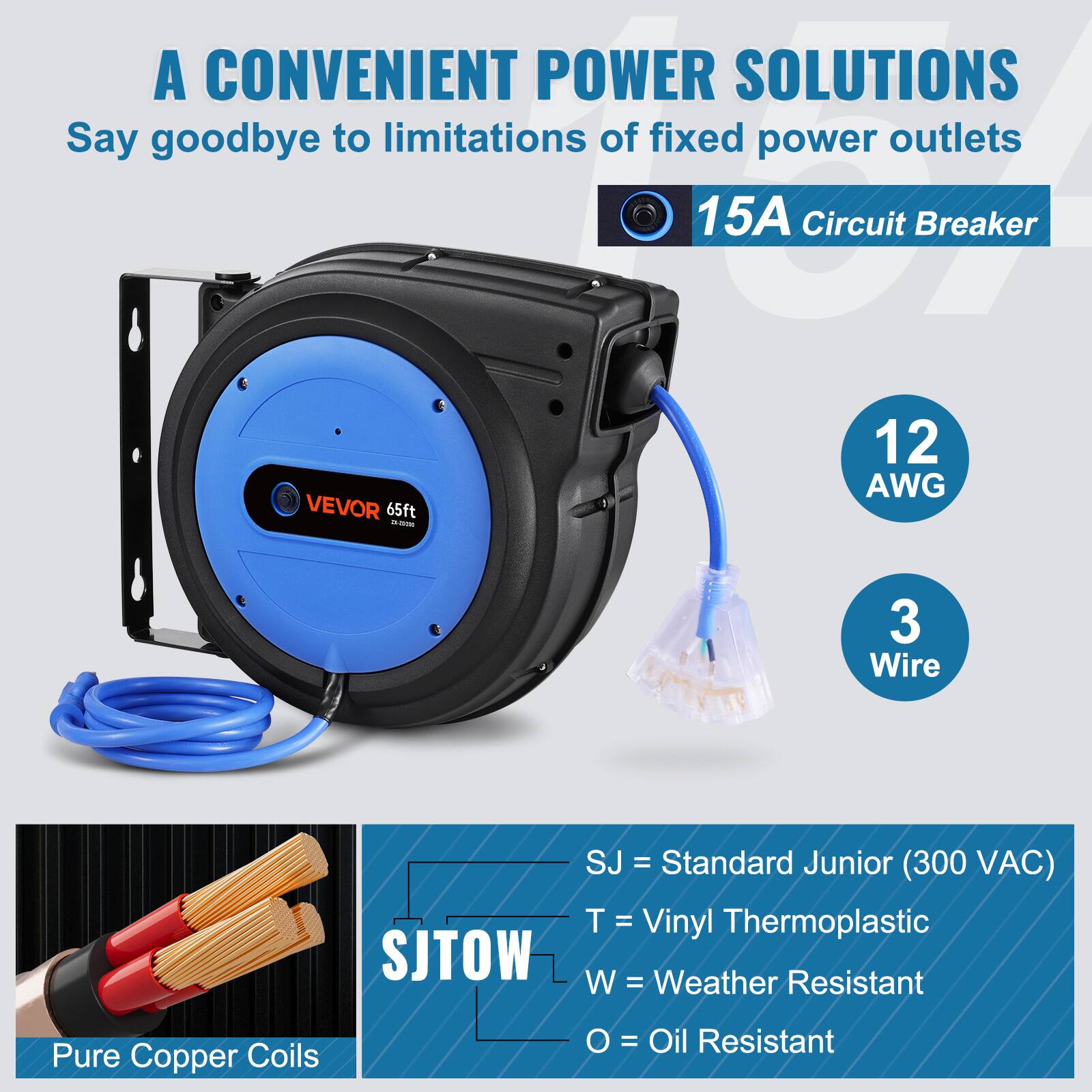 VEVOR Retractable Extension Cord Reel, 65 FT, Heavy Duty 12AWG/3C SJTOW ...