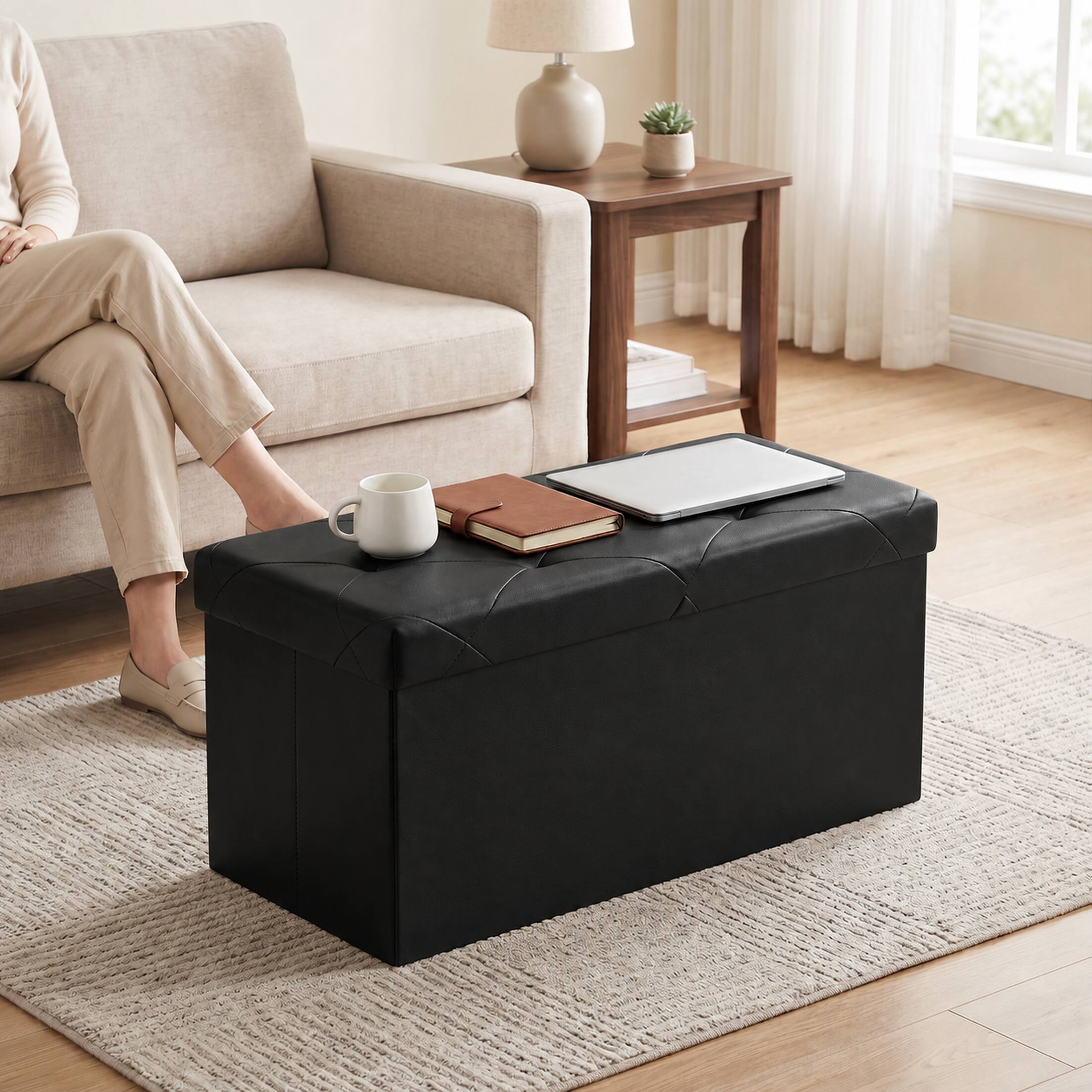 Back. Sweetcrispy - 30-in Foldable Storage Bench, Bedside Ottoman with Storage and Cushioned Seat, Faux Leather Foot Rest Stool - Black.