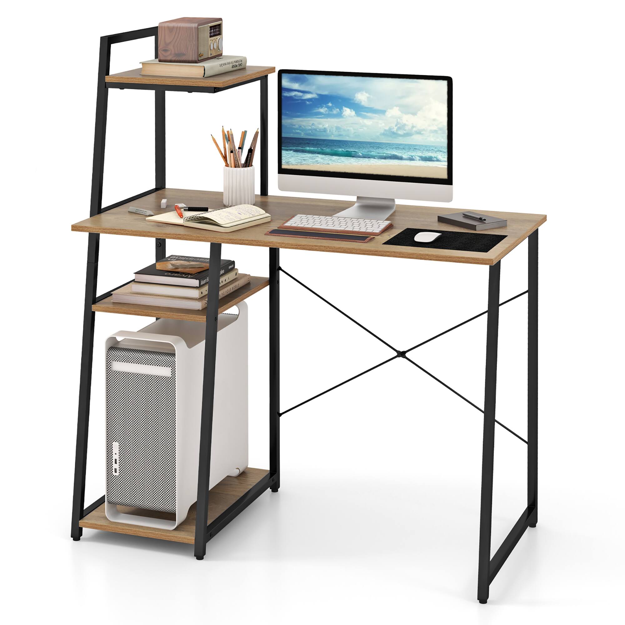 Gymax - Home Office Desk Computer Desk w/ Bookshelf Host Stand Metal Frame Study Writing Desk - Brown