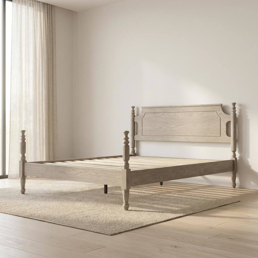 Alt View 3. FurniFact - Solid Wood Platform Bed with Headboard - Driftwood Gray Oak.