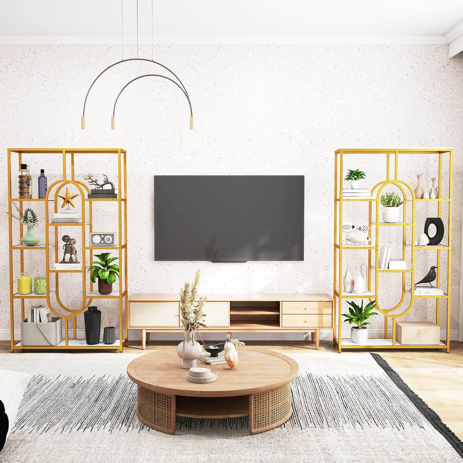 Alt View 3. Costway - Costway 1 PCS 5-Tier Bookshelf 69" Tall Etagere Bookcase with Open Storage Shelves Display Shelf - White,Gold.