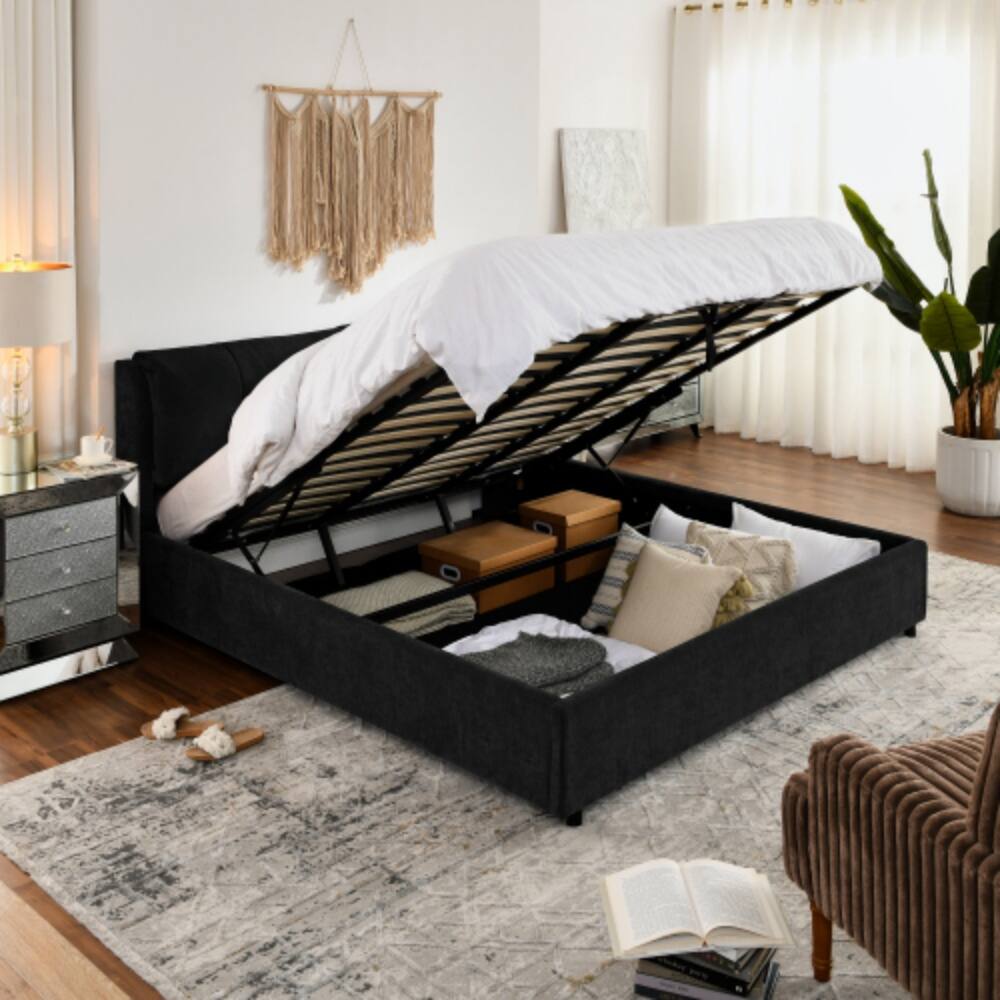 Back. LUCKY ONE - King Size Storage Upholstered Hydraulic Platform Bed with Integrated Headboard, Chenille Fabric, No Box Spring Needed - Black.