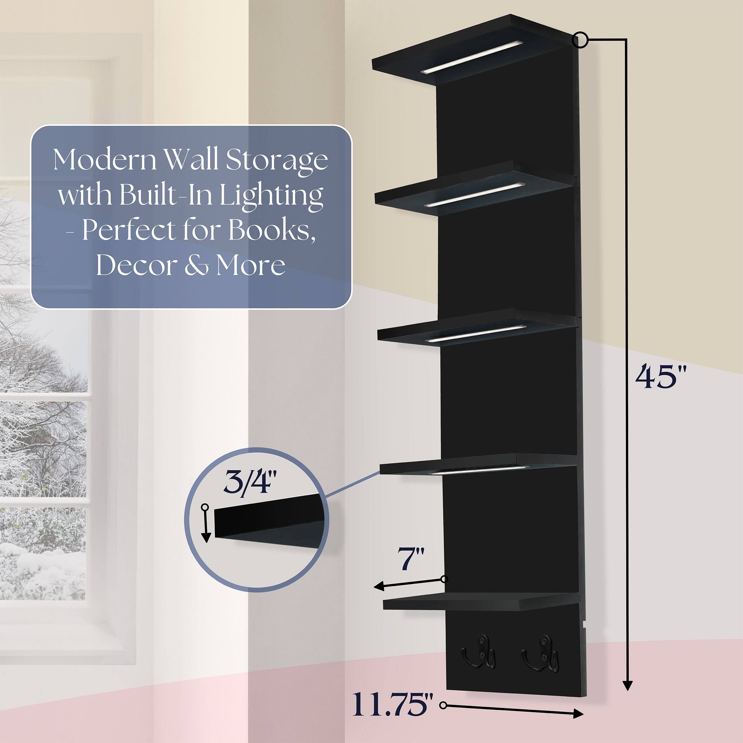 Modern Wall Storage with Built-In Lighting - Perfect for Books, Decor & More

45"  
3/4"  
7"  
11.75"
