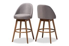 Baxton Studio - Set of 2 Carra Mid-Century Modern Fabric Upholstered Walnut-Finished Wood Swivel Bar Stools - Gray