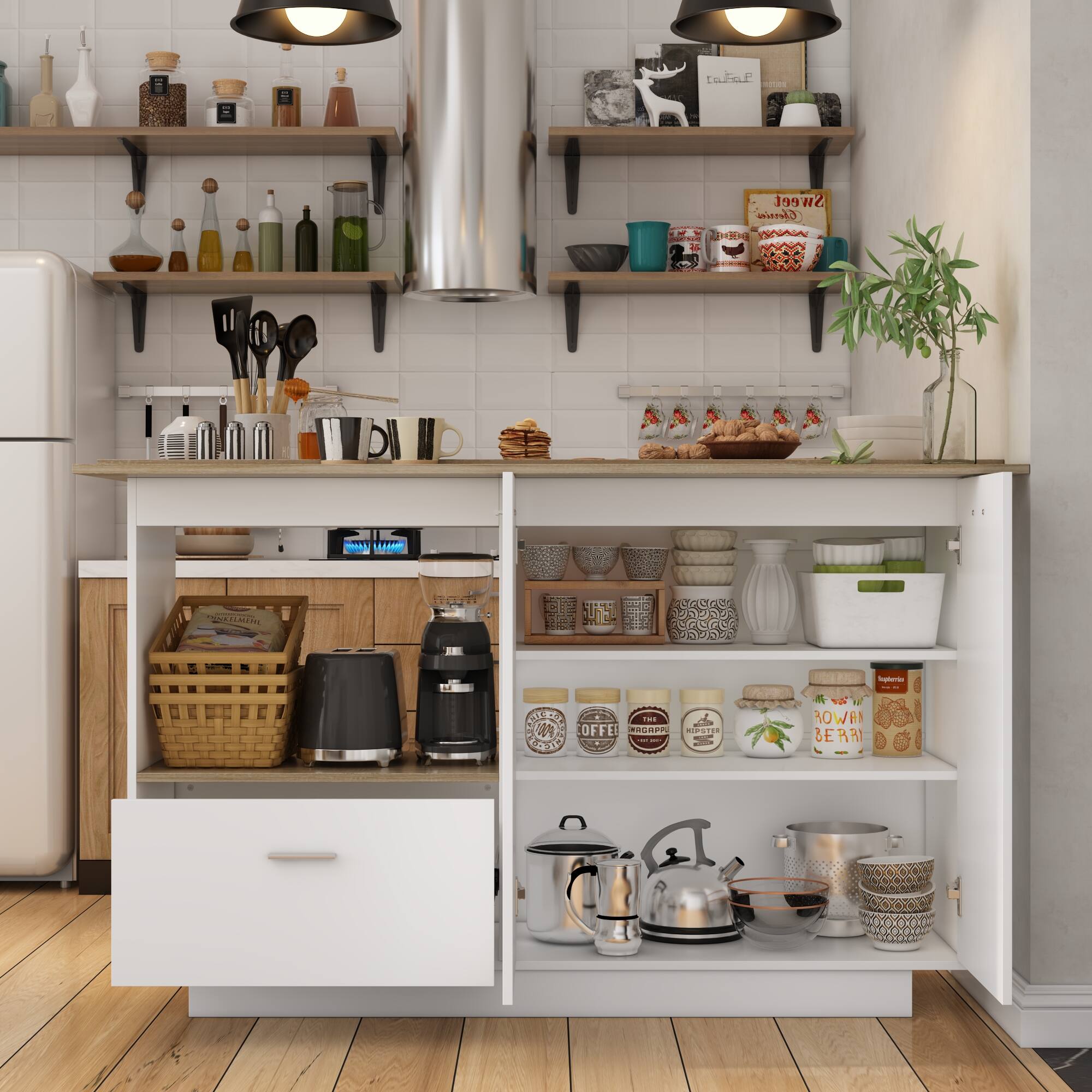 The image features a kitchen with a white refrigerator and a counter with various items on it. There is a basket of fruit, a coffee maker, and a bowl of cookies. Additionally, there are several bottles and cups scattered throughout the kitchen. A potted plant is also present, adding a touch of greenery to the space. The kitchen appears to be well-stocked and organized, with a variety of food items and utensils readily available for use.
