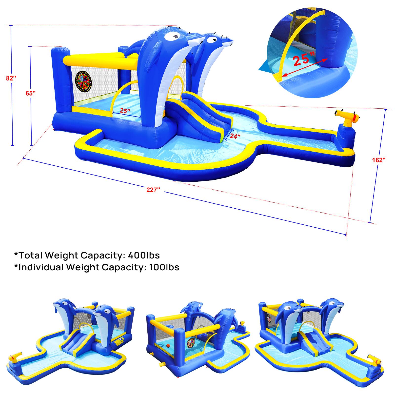 82" L x 65" W x 25" H  
227" L x 162" W x 24" H  
*Total Weight Capacity: 400lbs  
*Individual Weight Capacity: 100lbs