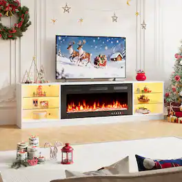 U-HOMY - 79" Fireplace TV Stand with 40" Electric Fireplace Insert, Entertainment Center with Glass Shelves & LED Lights - White