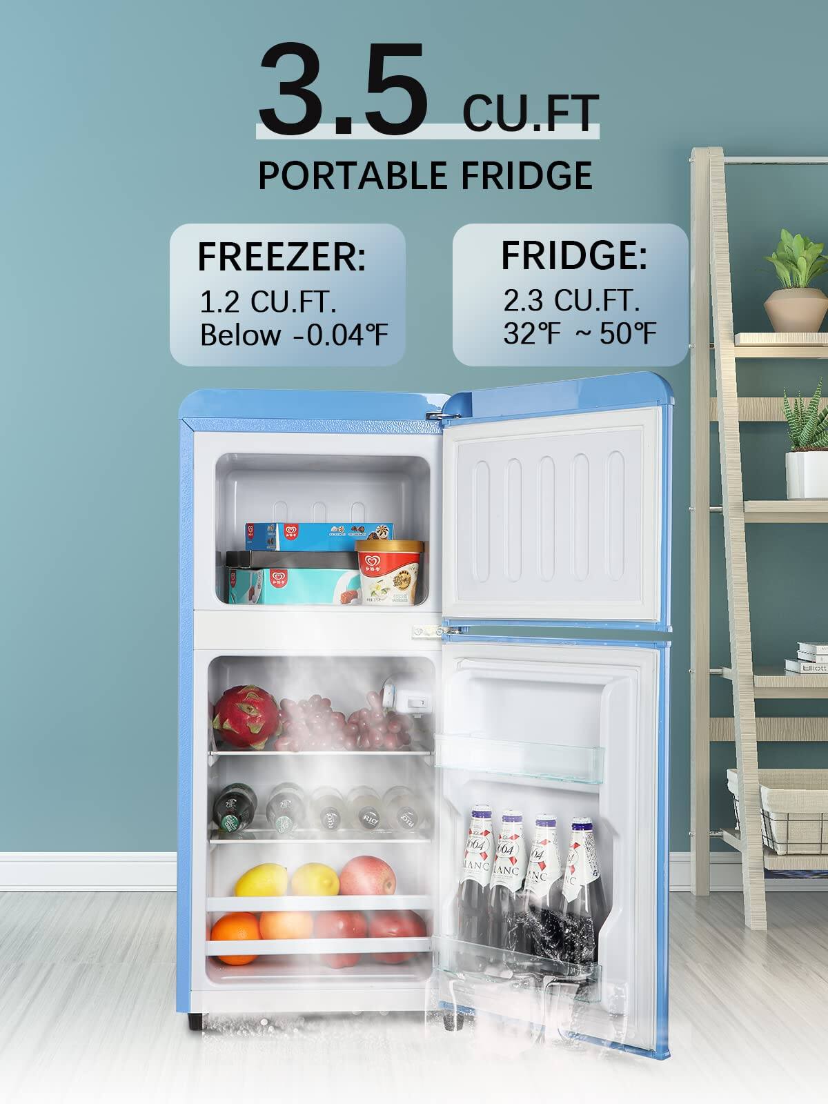3.5 CU.FT PORTABLE FRIDGE

FREEZER:
1.2 CU.FT.
Below -0.04°F

FRIDGE:
2.3 CU.FT.
32°F ~ 50°F