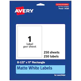 Avery - Matte Rectangle Labels 8.5 x 11, 250 Labels, Permanent Adhesive, Laser/Inkjet Printable - White