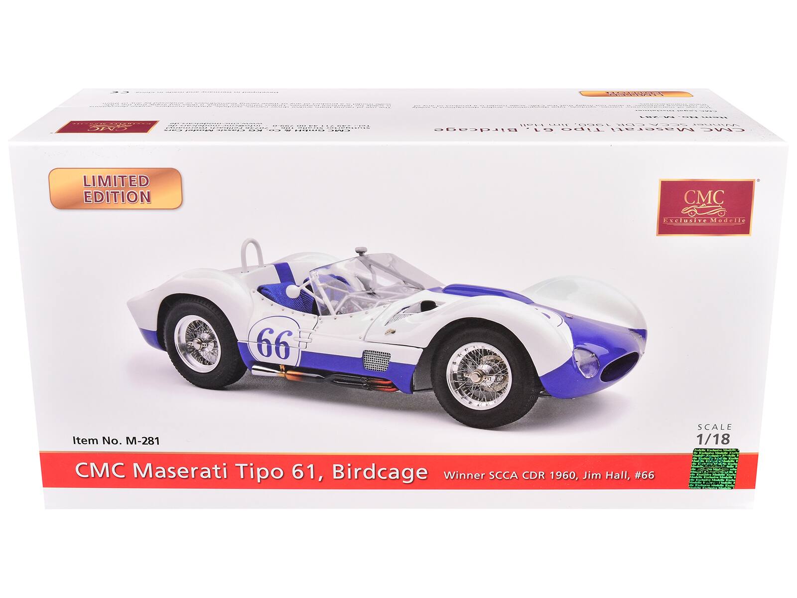 | | OH0 S UASS P a C... . FOEO. .d. 00a. bnilat ..... 0951   Birdcage G1 TIgO Maserati CMC LIMITED EDITION CMC Ro Mdell 66 Item No. -281 SCALE 1/18 CMC Maserati Tipo 61, Birdcage Winner SCCA CDR 1960, Jim Hall, #66