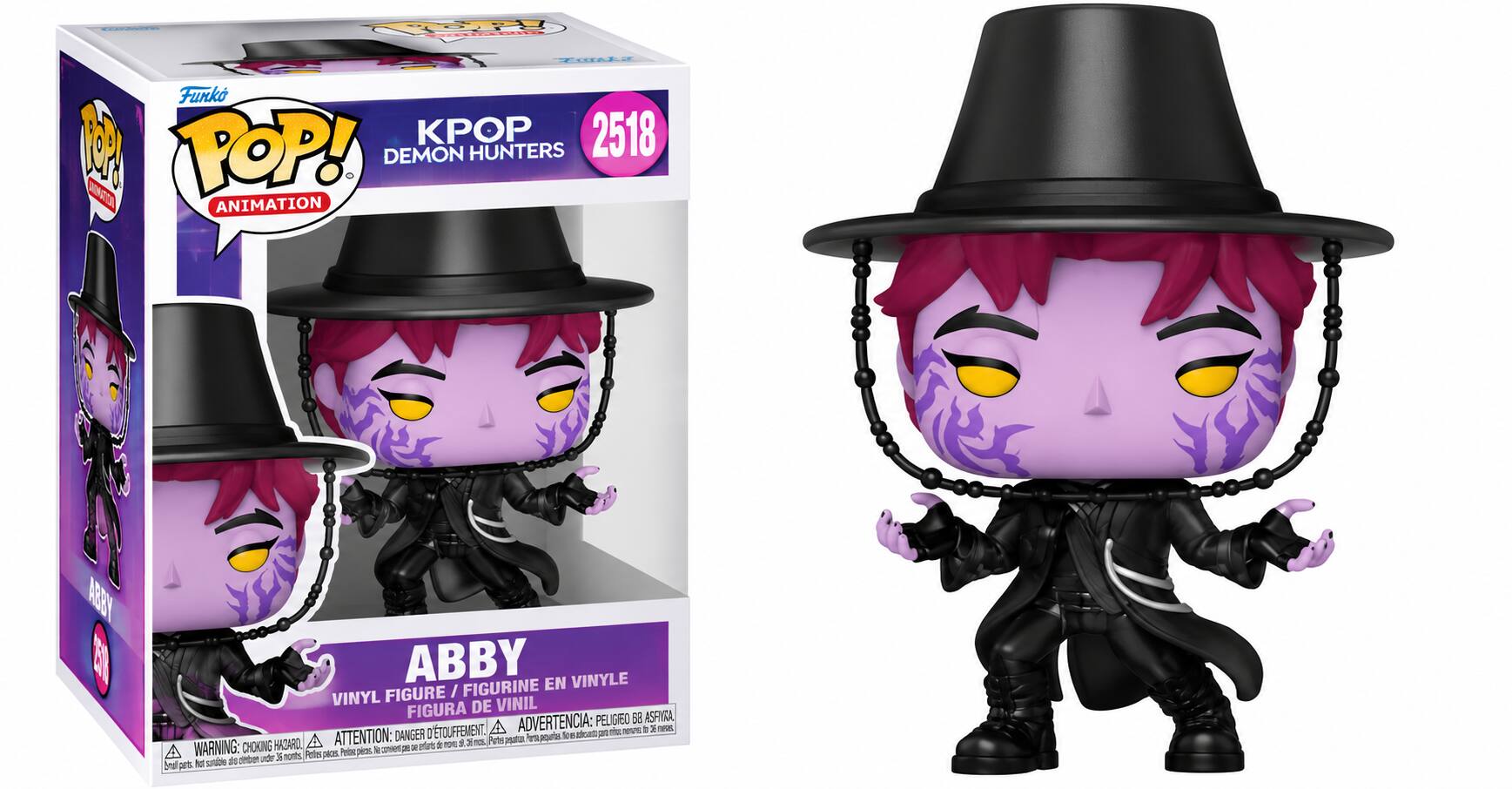 Happy  
EXADOT Funk FB 2518 POP! DEMON HUNTERS ANIMATION  
ABBY 1518  
ABBY EN VINYLE FIGURE / FIGURINE VINYL VINIL FIGURA DE ADVERTENCIA: PELIGRO 68 ASFIXIA, D'ETOUFFEMENT.  
ATTENTION: DANGER Perce pequetas 56 alcato para HAZARD, de NE 36 mos Potas platas WARNING: CHOKING & - = DE erforts 36 nonts Forts paces. Pelma pices. to sundble $5 other under Bmail pets.