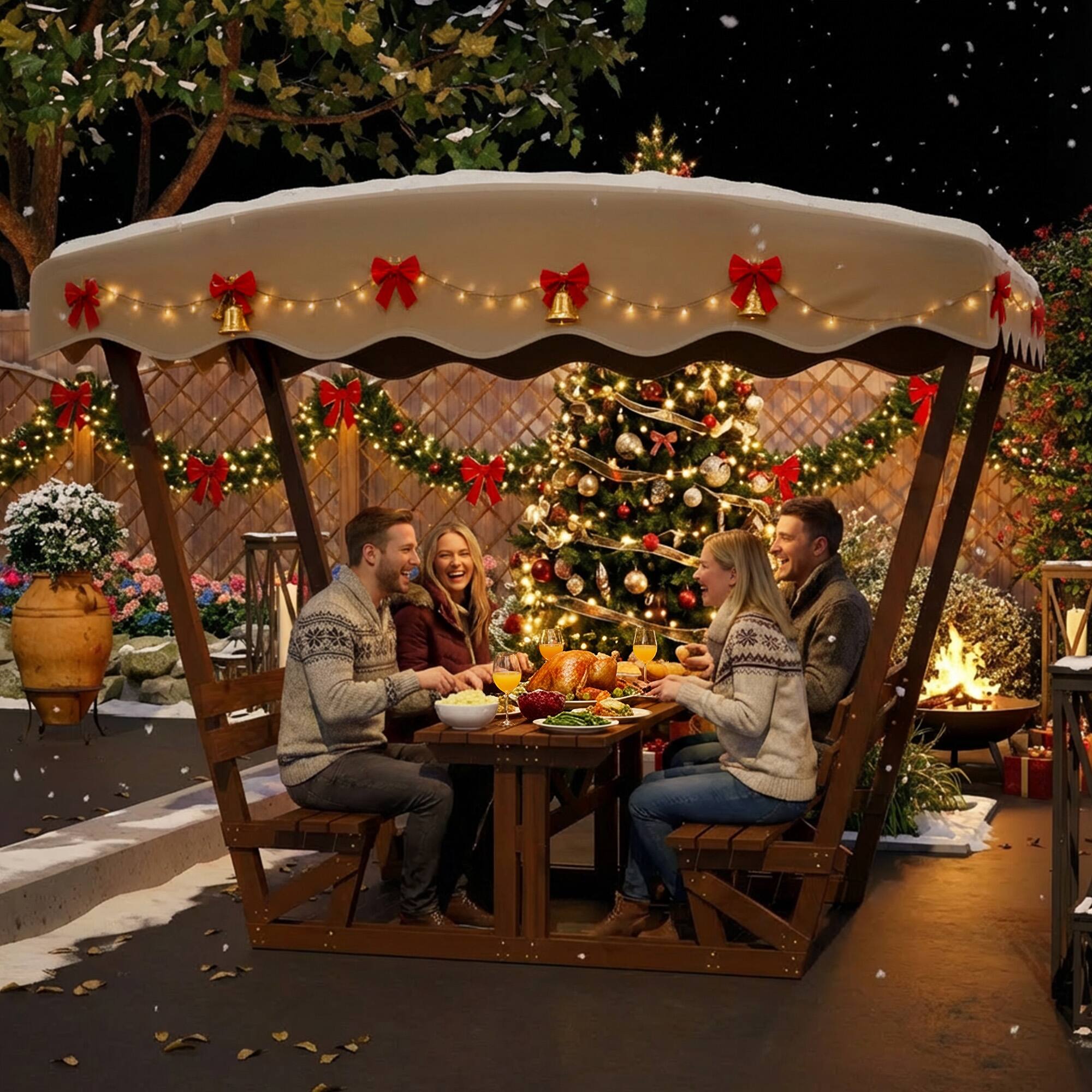 Back. Mondawe - Outdoor waterproof solid wood picnic table and bench set with removable canopy - Brown.