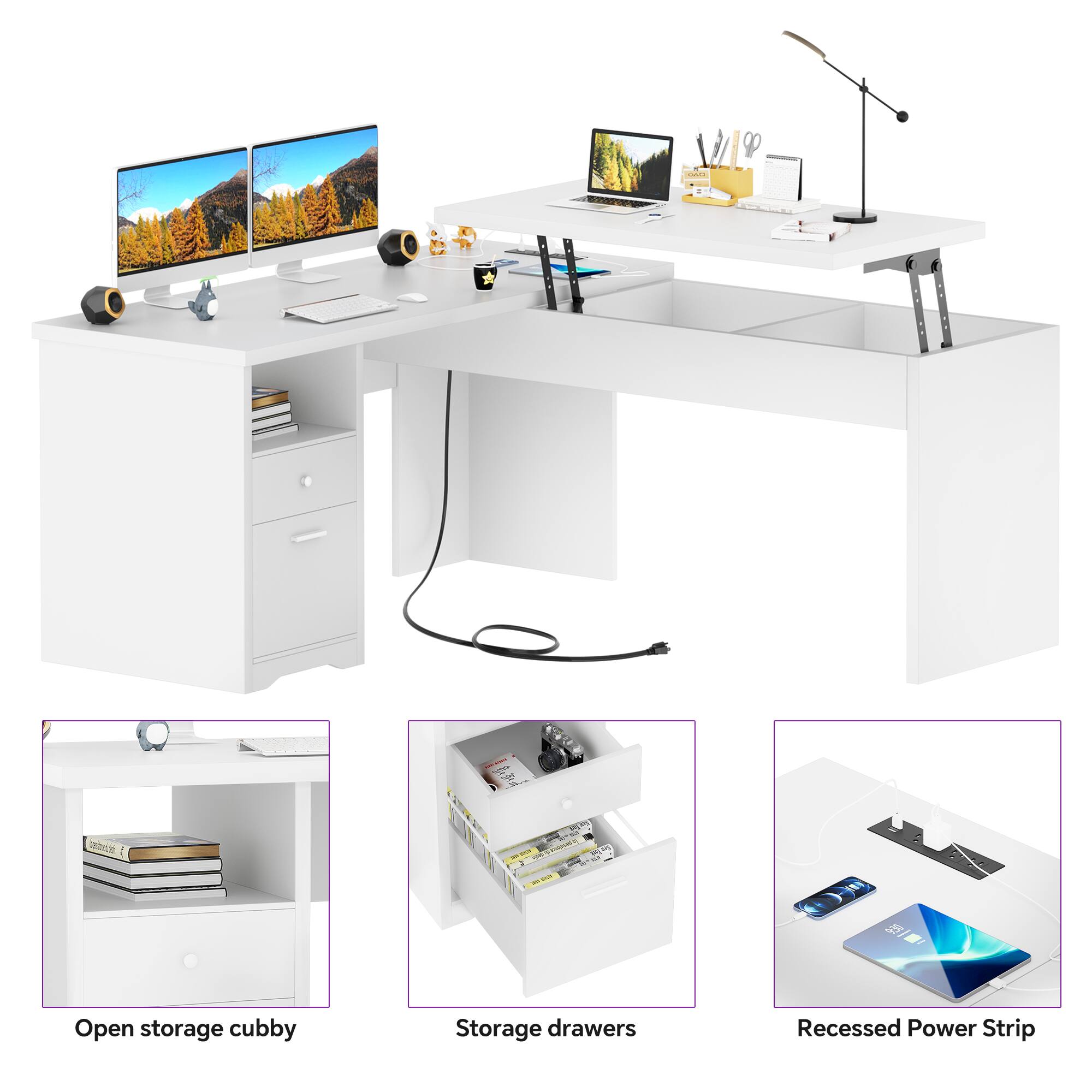 - Open storage cubby
- Storage drawers
- Recessed Power Strip