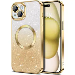 Entronix - Magnetic Case for iPhone 15 Plus - Clear Back Luxury Glossy Cover - Glitter Gold