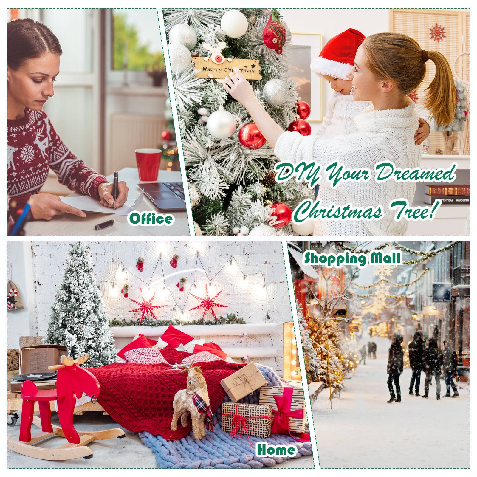The text on the image can be grouped and corrected as follows:

1. "Dreamed Christmas Tree!"
2. "Office"
3. "Home"
4. "Shopping Mall"