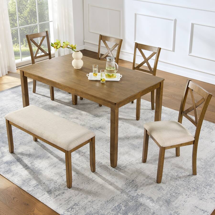Angled Bench Frame Loheer 6 Piece Dining Table Set with Bench, Finish Rectangular Table ...