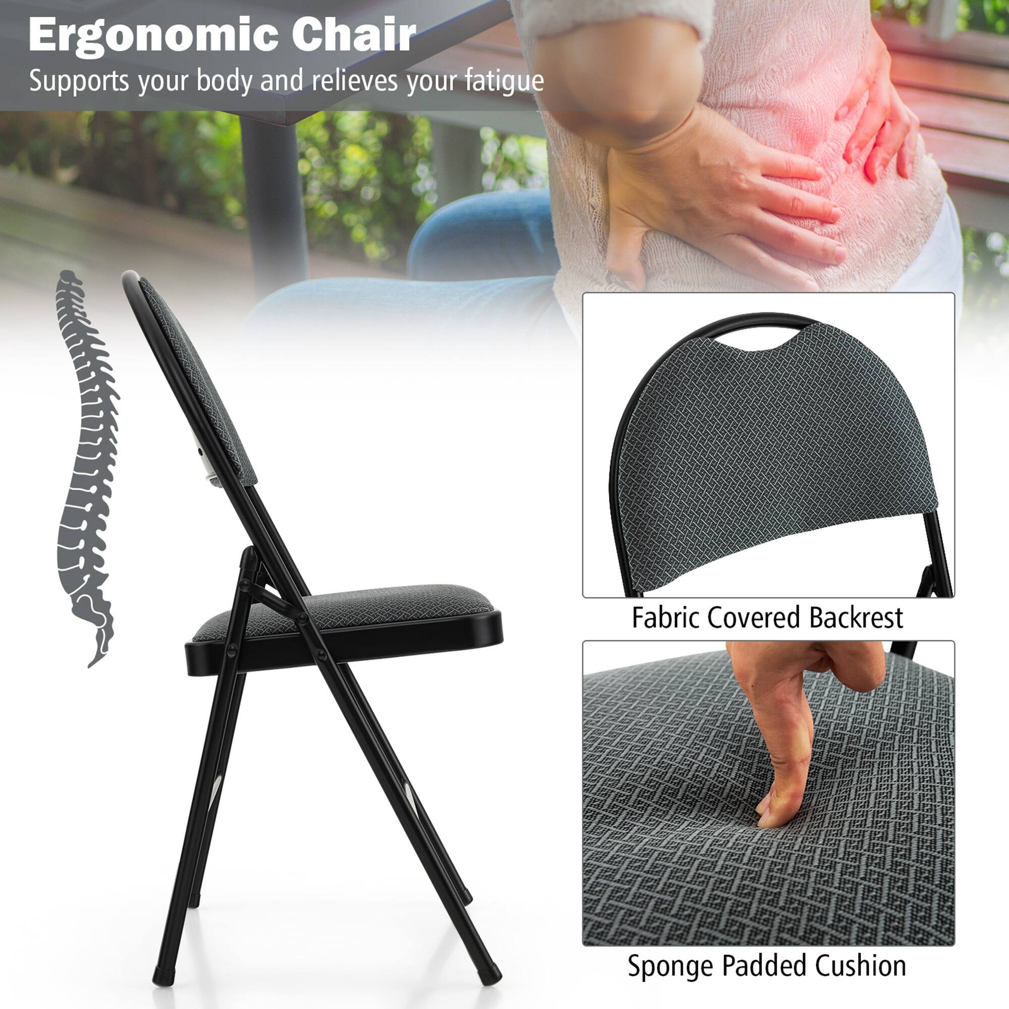 Ergonomic Chair: Supports your body and relieves your fatigue. Fabric Covered Backrest. Sponge Padded Cushion.
