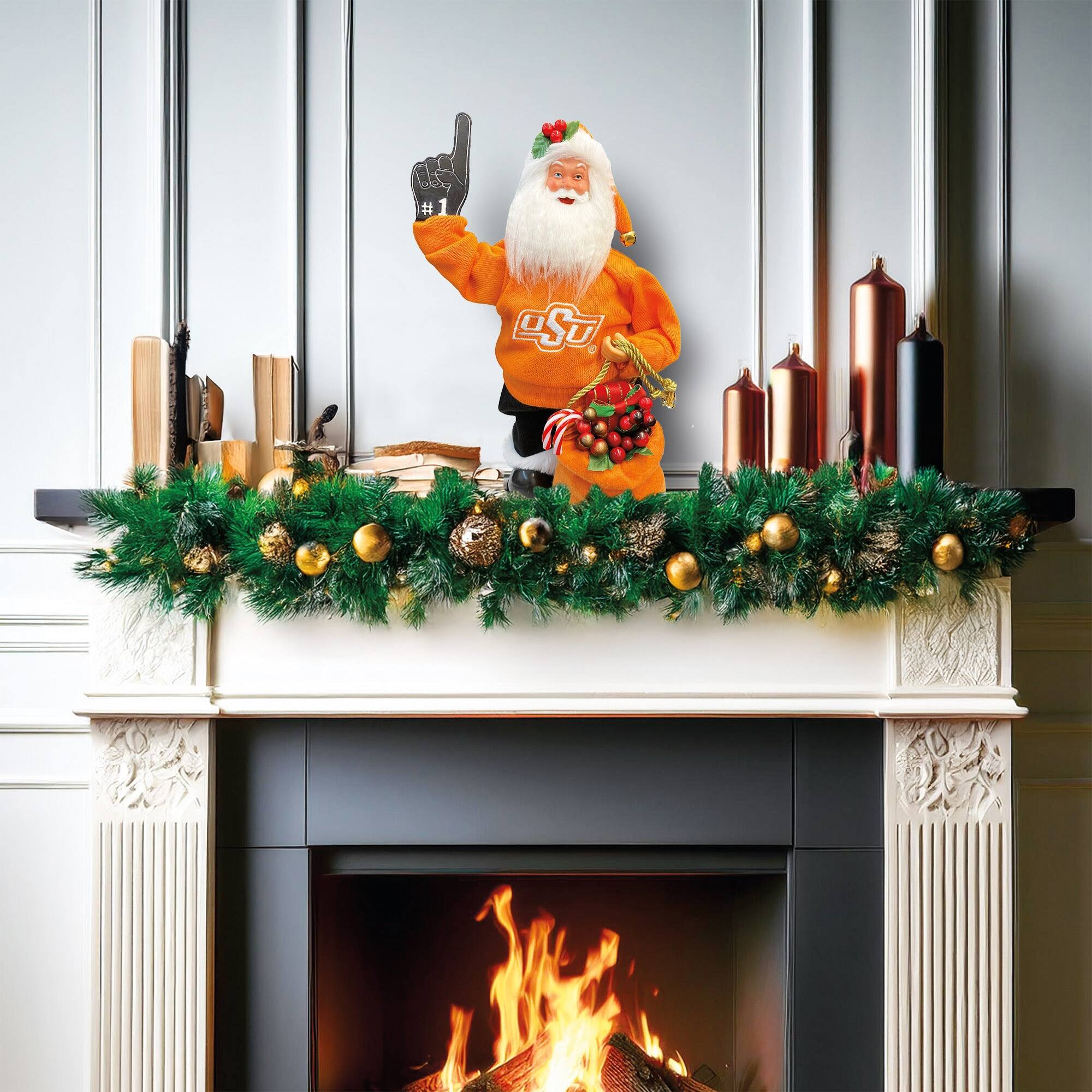 Alt View 2. Santa's Workshop - Oklahoma State Cowboys 12" Animated Musical Santa - Orange.