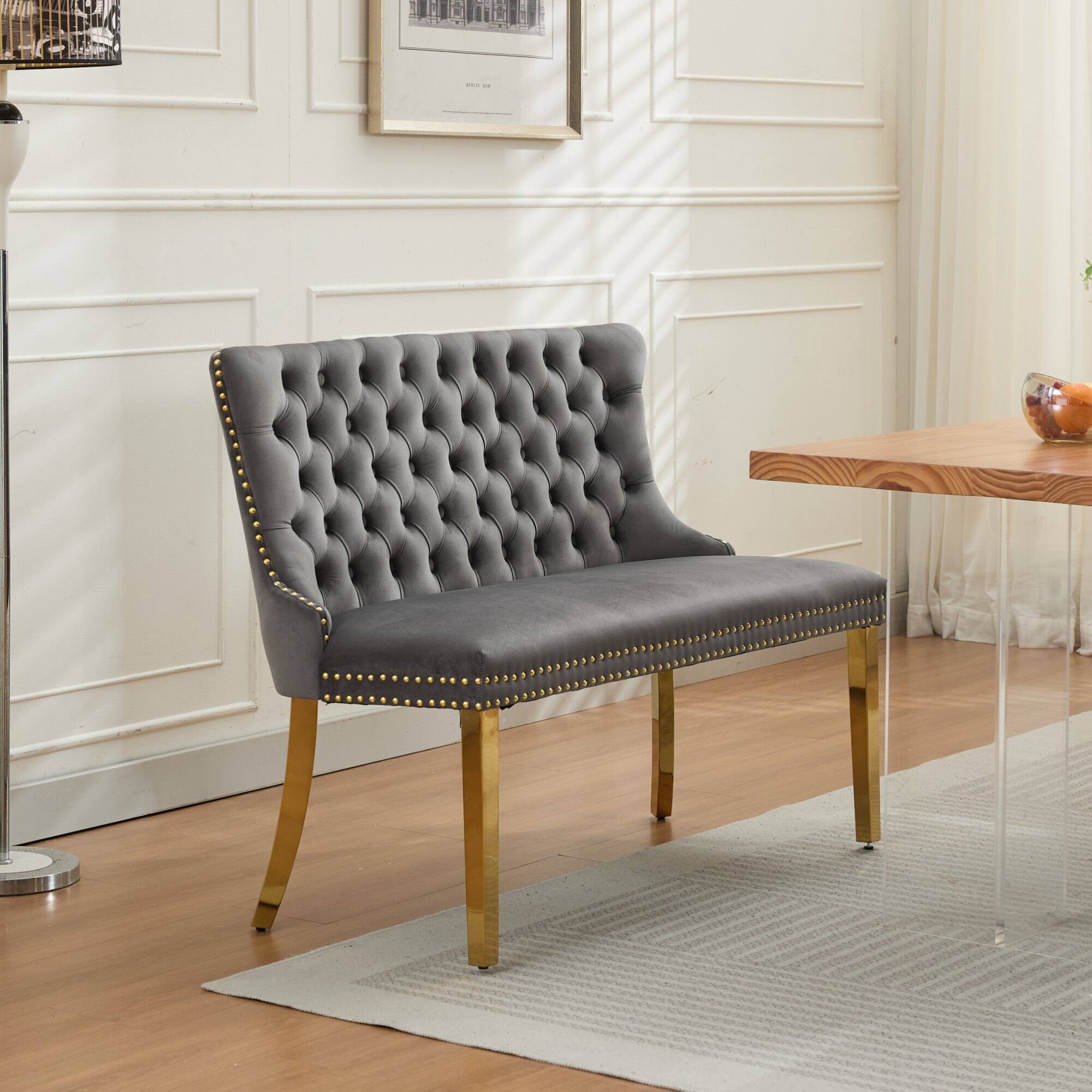 Angle. GOODSILO - Velvet Tufted Double Seater Dining Bench with Gold Accent Legs for Kitchen and Dining Room Seating - Gray.