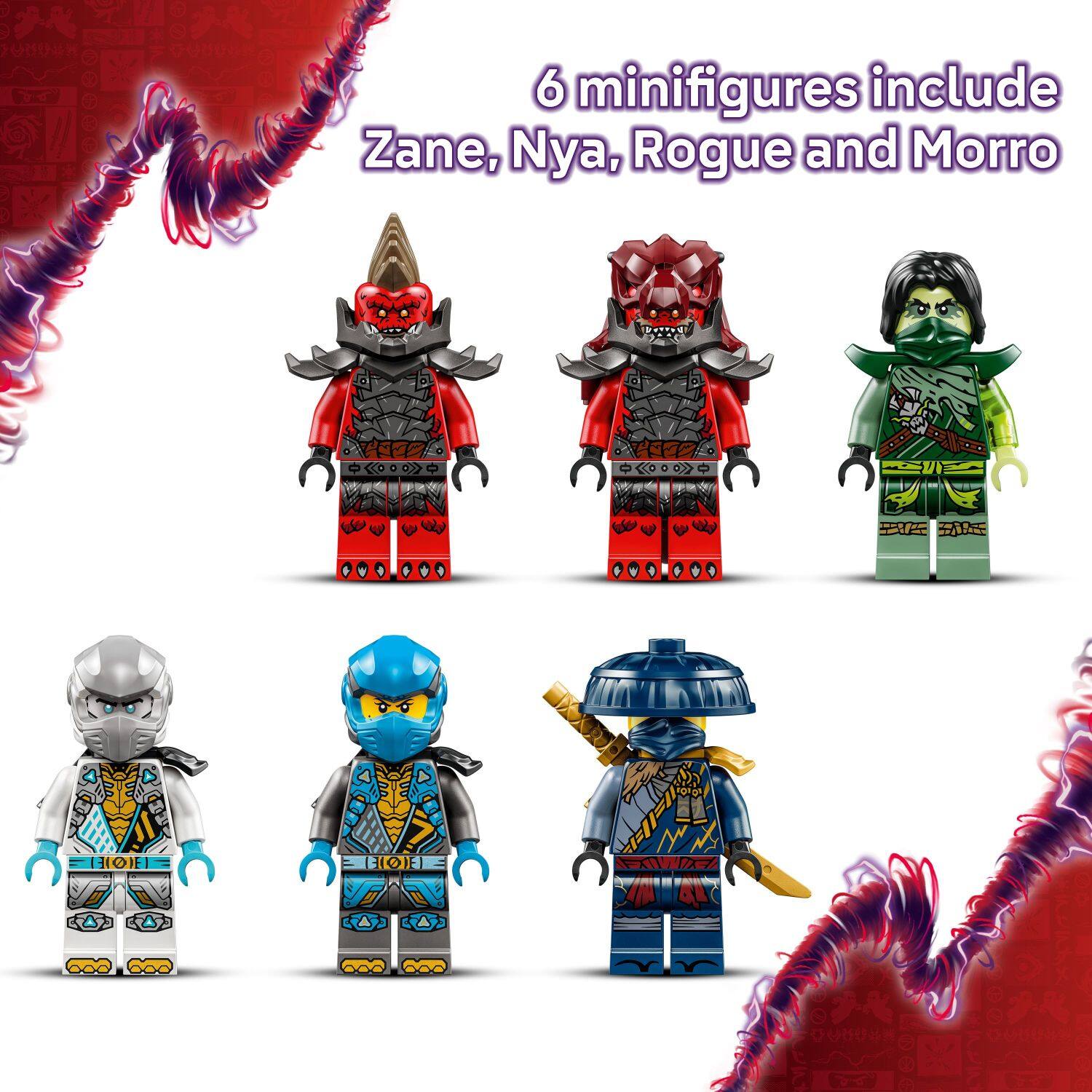 6 minifigures include Zane, Nya, Rogue, and Morro.