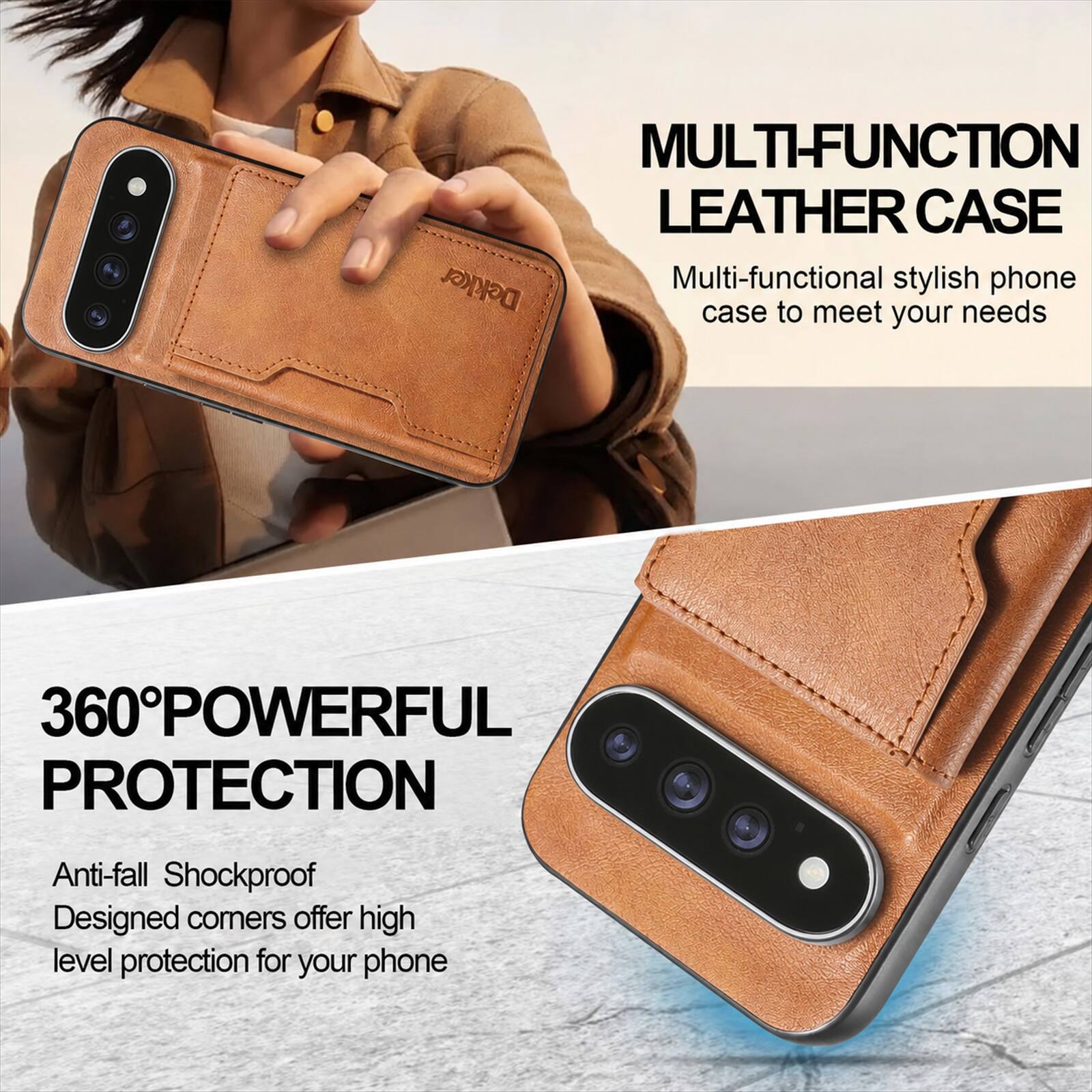 MULTI-FUNCTION LEATHER CASE  
Dekker Multi-functional stylish phone case to meet your needs

360° POWERFUL PROTECTION  
Anti-fall Shockproof  
Designed corners offer high level protection for your phone