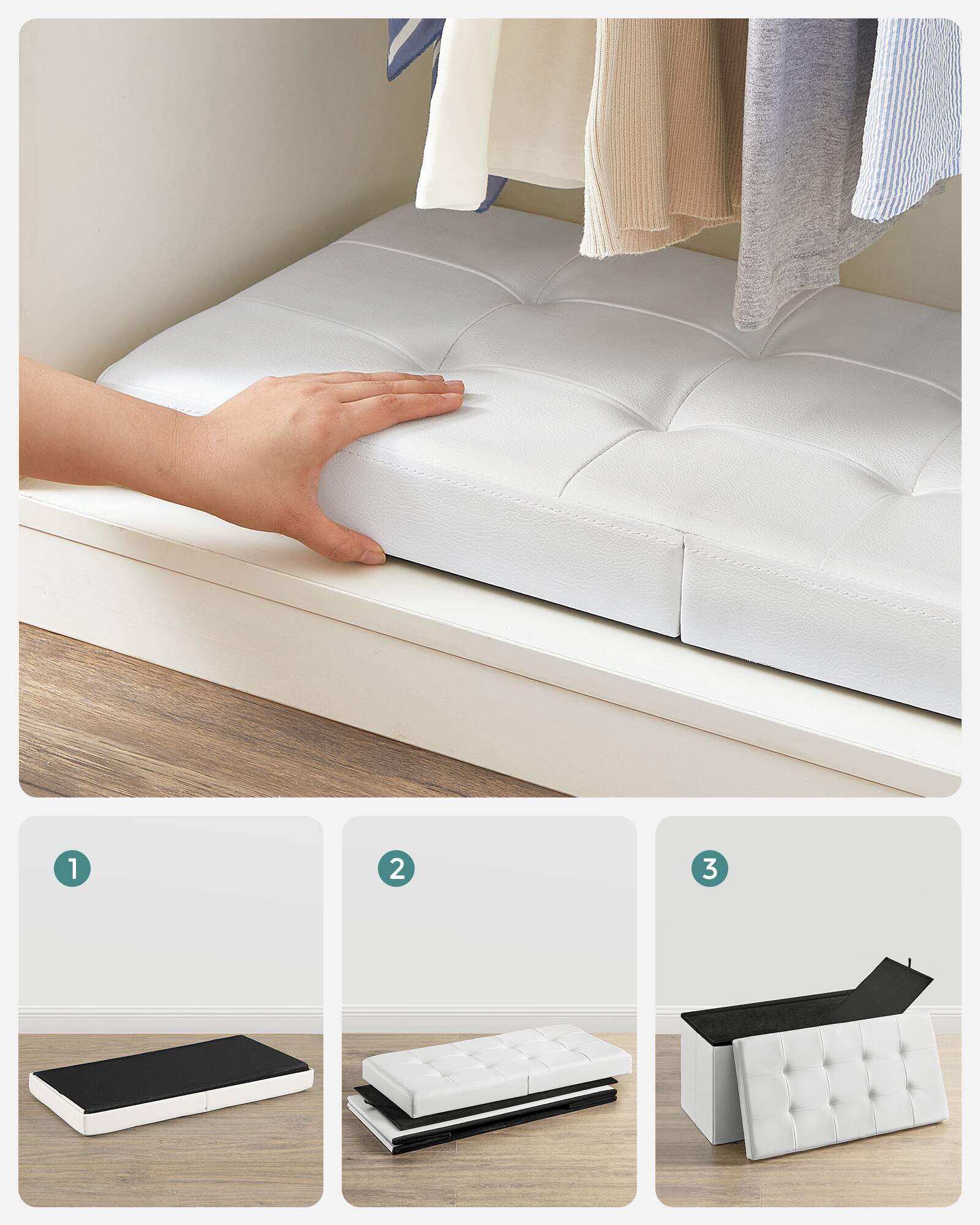 Alt View 4. Songmics Home - 30 Inches Folding Storage Ottoman Bench with Flipping Lid, Storage Chest Footstool, Faux Leather - White.