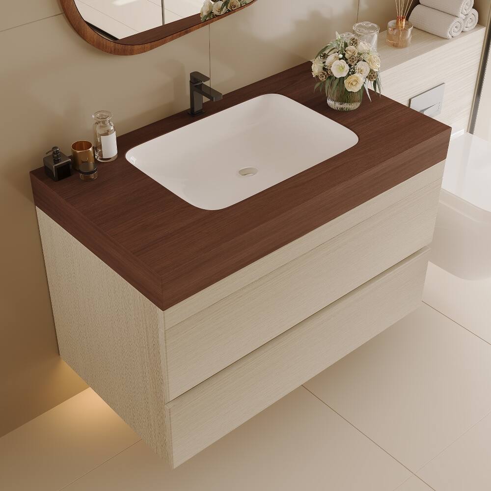 Back. Loheer - Loheer 29.9 inch floating bathroom vanity Walnut Wood Sintered Stone Top - Walnut.