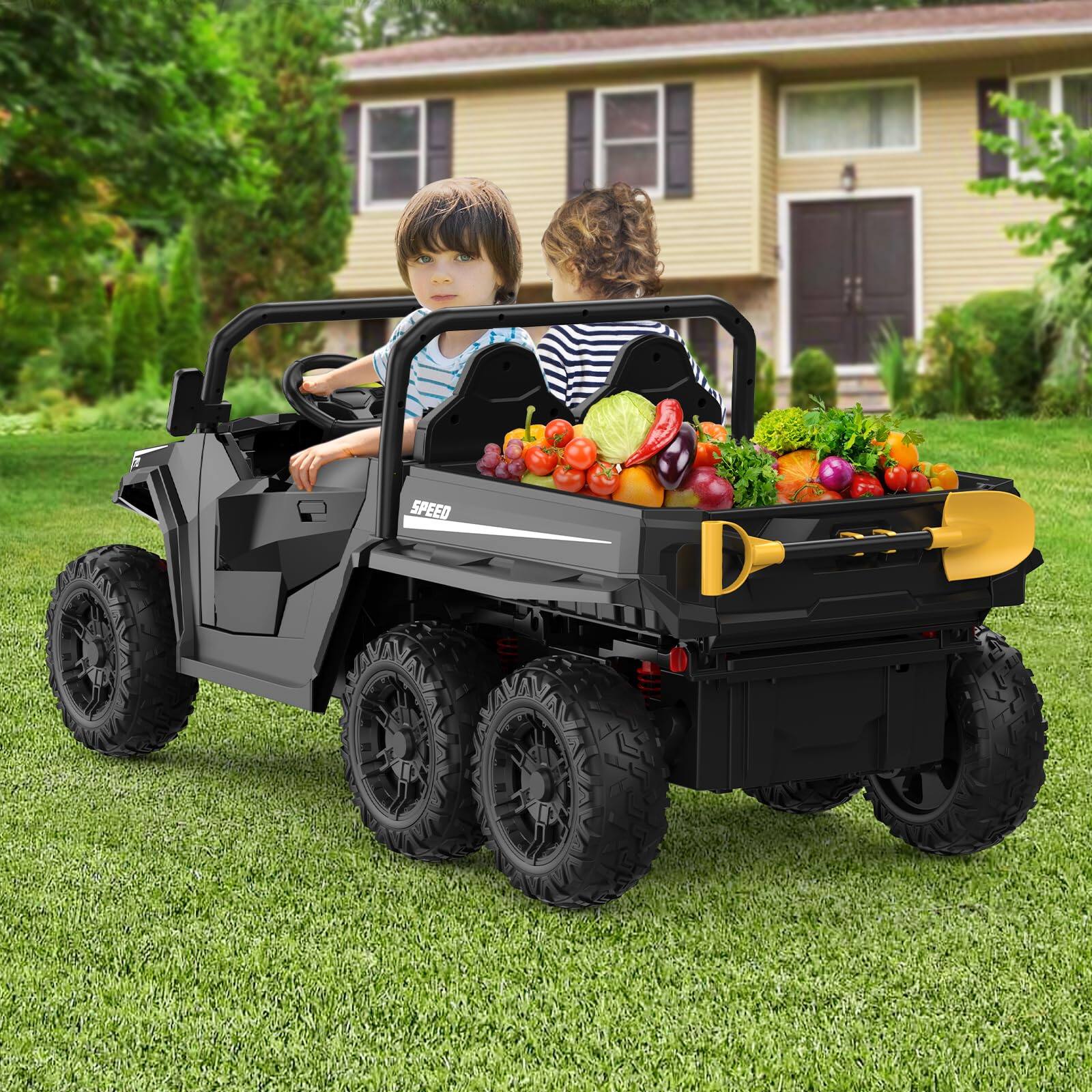 Front. GARVEE - 24V 4WD 6-Wheel Electric Ride-On Dump Truck, 2-Seater, Remote Control, Dump Bed & Shovel, 5MPH Max Speed - Black.