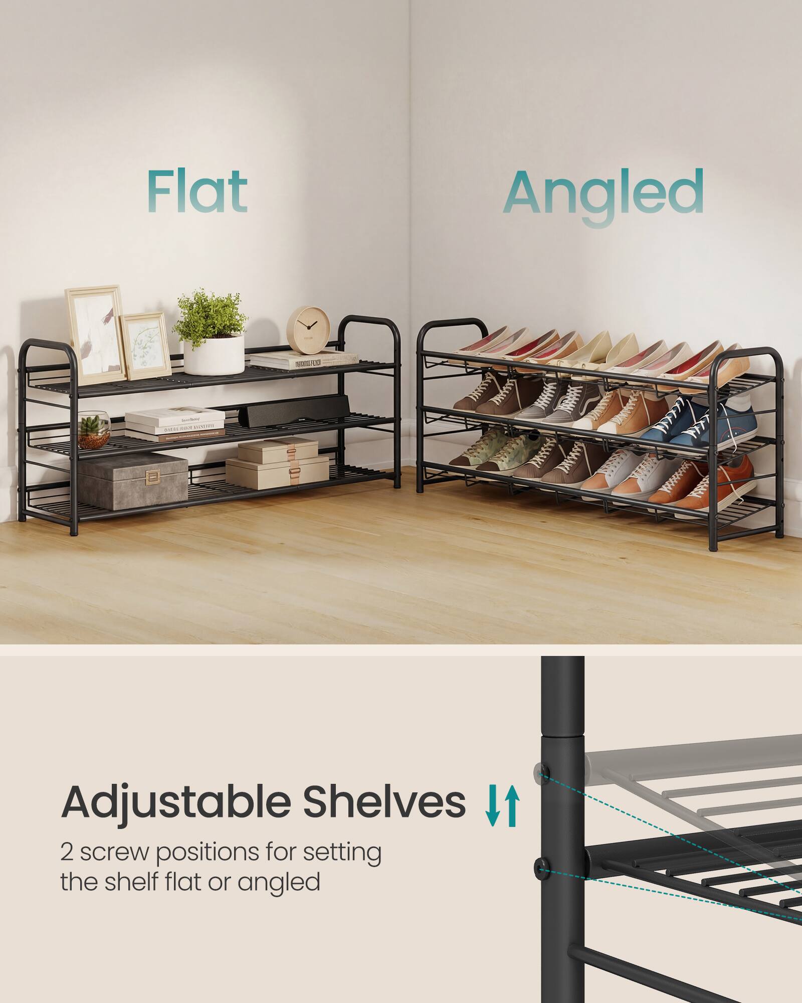 Flat Angled - C - 2 ! 1/ 6A 1 SA Adjustable Shelves 2 screw positions for setting the shelf flat or angled