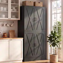 Aheaplus - 70'' Tall Kitchen Pantry Cabinet with Drawer and Adjustable Shelves, 4 Barn Door Pantry for Dining, Kitchen - Black