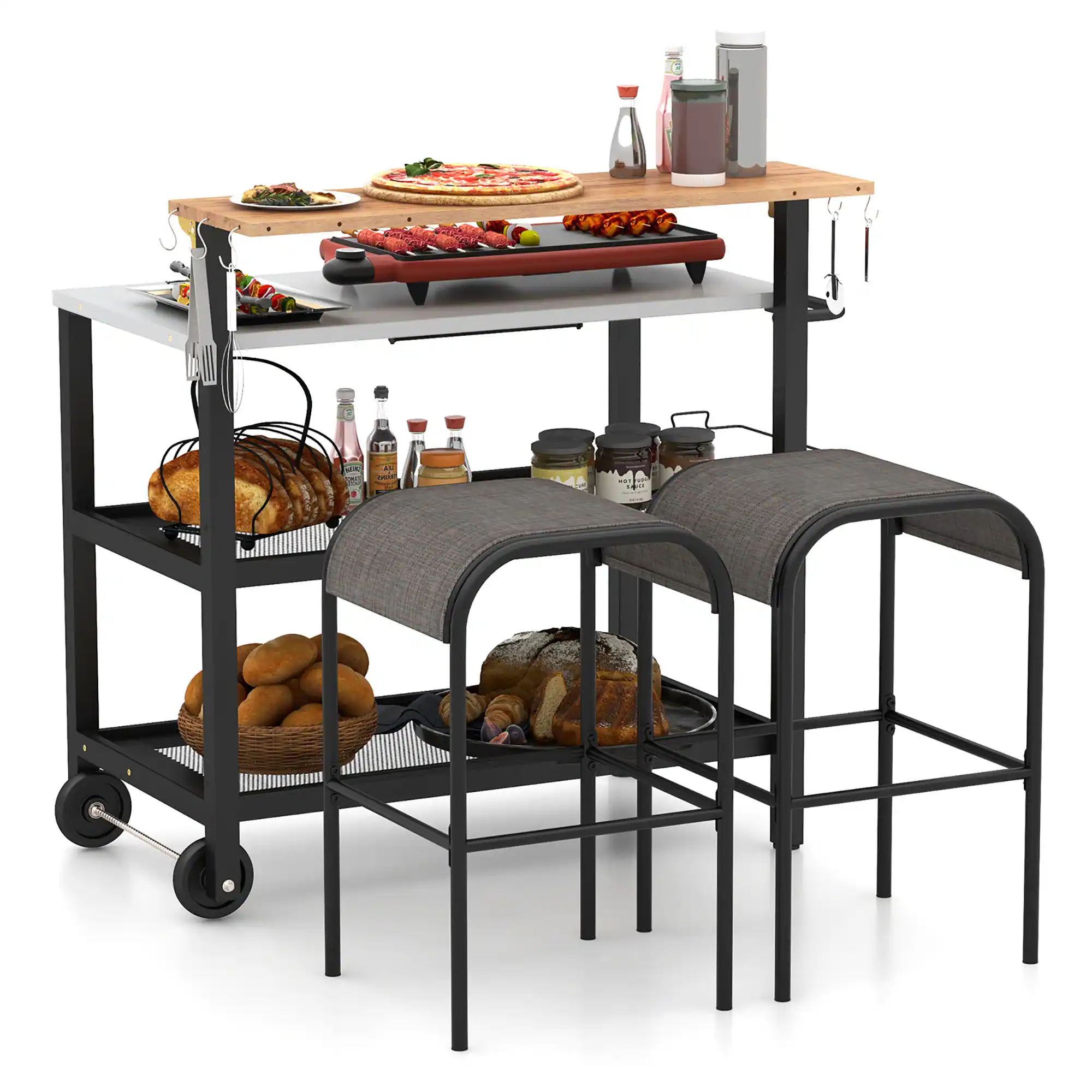 Front. Gymax - Gymax Rolling Bar Cart w/ Flip-up Table Hooks Paper Towel Holder 2 Bistro Stools - Black.