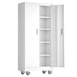 Winado - Metal Storage Cabinet with 2 Doors, 4 Adjustable Shelves, 750 lbs Capacity, 360° Swivel Wheels for Garage, Office, Home - White