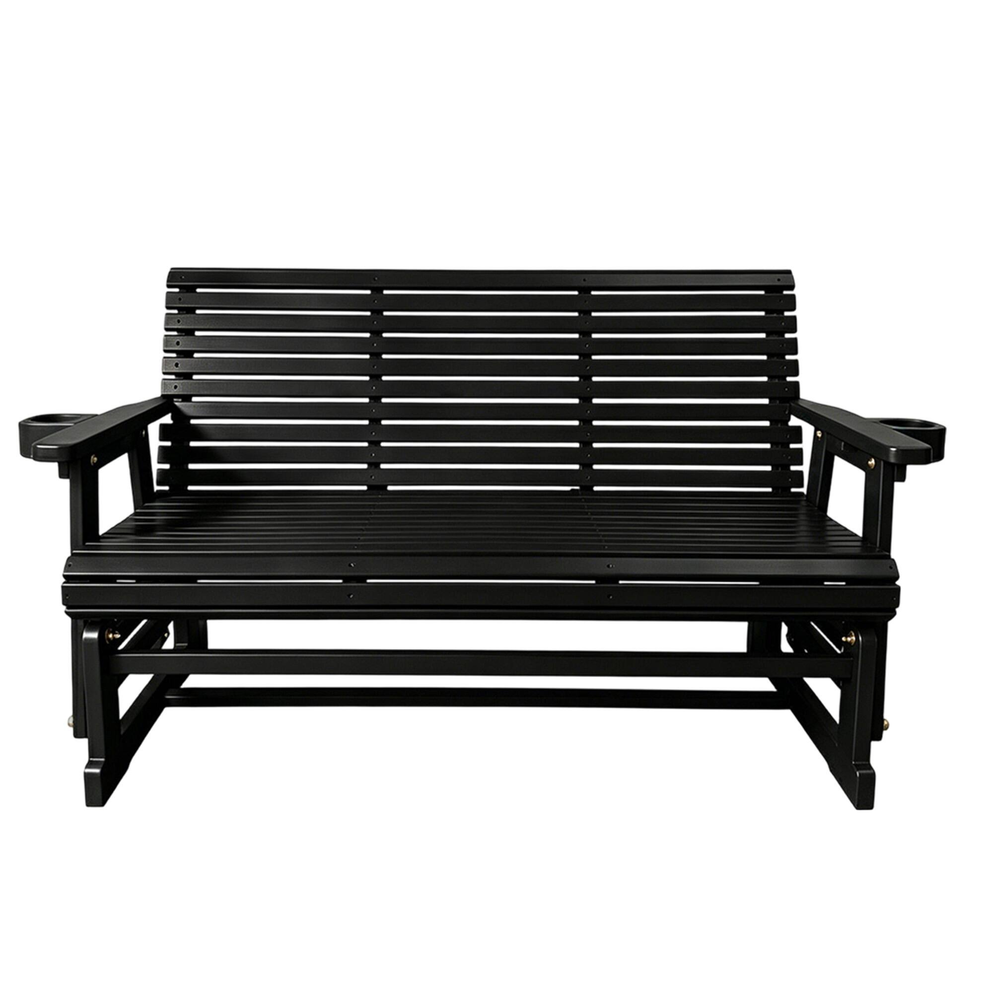 Angle. Fortune Candy - Wooden Patio Glider Bench w/Cupholders, Heavy Duty 800 Lbs for Porch Yard Garden (3-Seater) - Black.